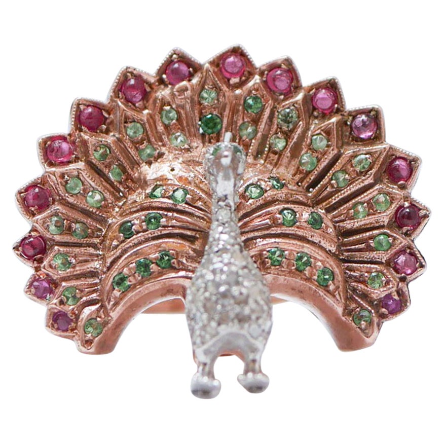 Rubies, Tsavorite, Diamonds, Rose Gold and Silver Peacock Ring.