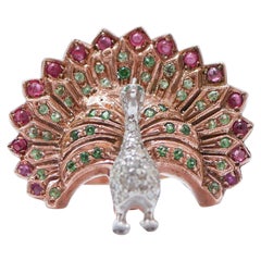 Rubies, Tsavorite, Diamonds, Rose Gold and Silver Peacock Ring.