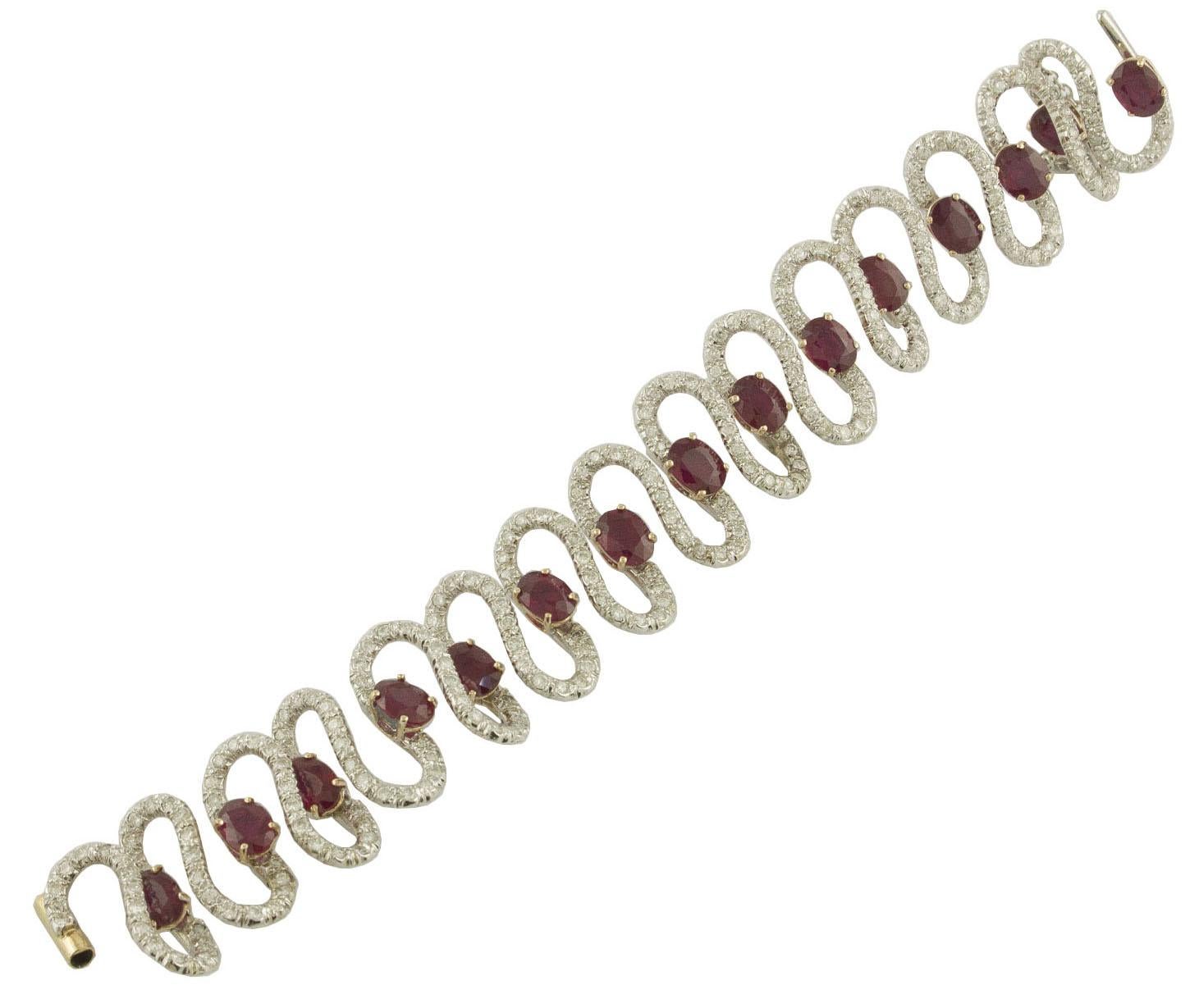 Retro Rubies White Diamonds White and Rose Gold Waves Bracelet For Sale