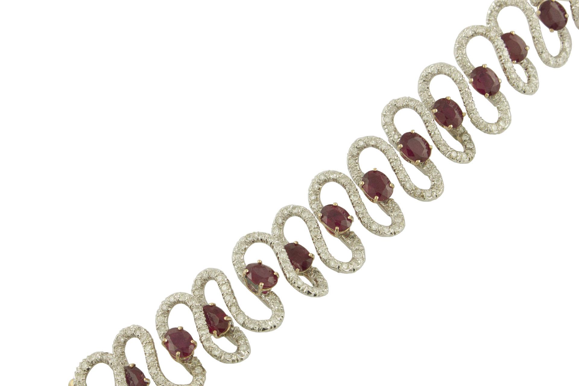 Brilliant Cut Rubies White Diamonds White and Rose Gold Waves Bracelet For Sale