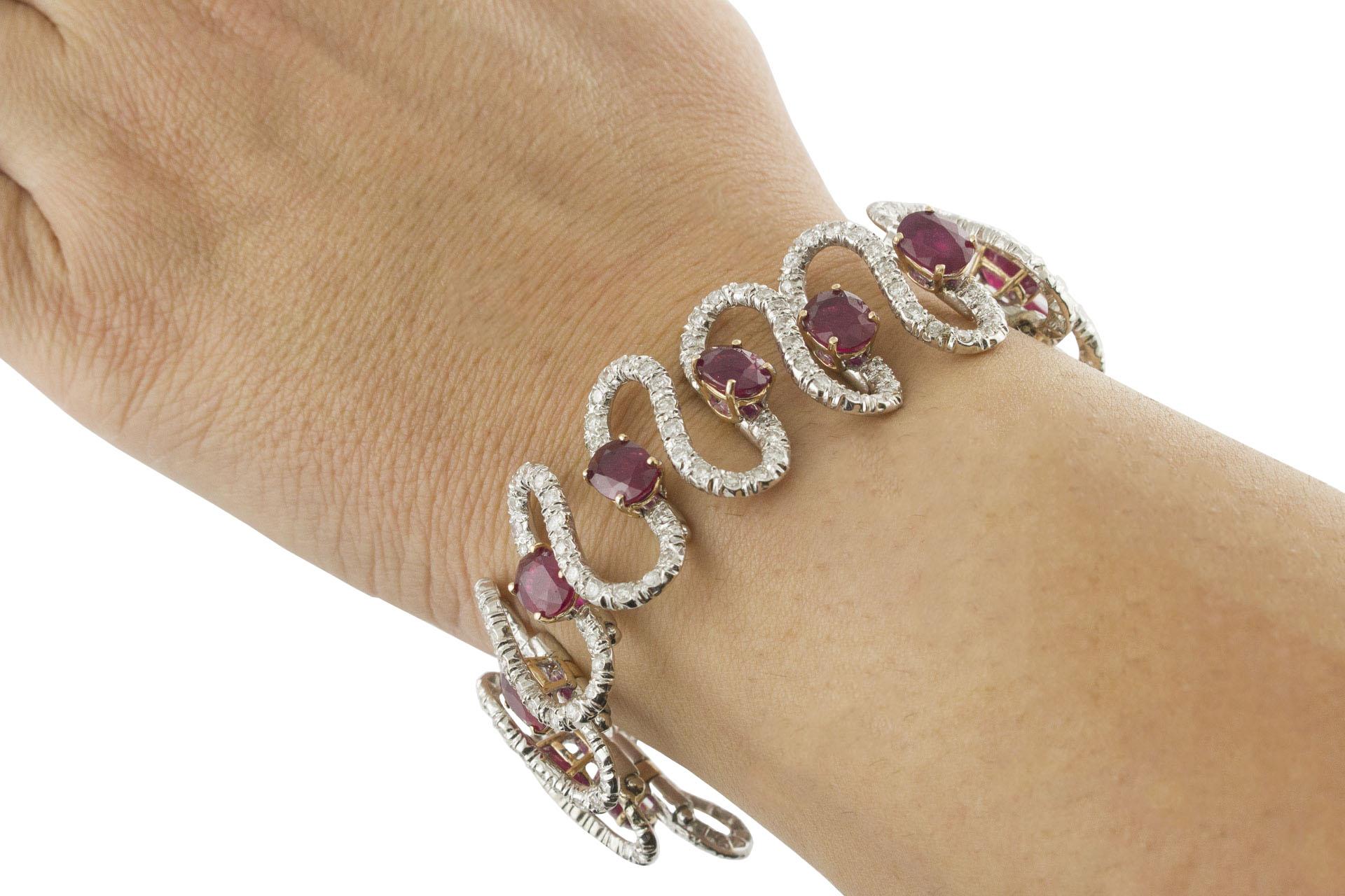 Rubies White Diamonds White and Rose Gold Waves Bracelet For Sale 1