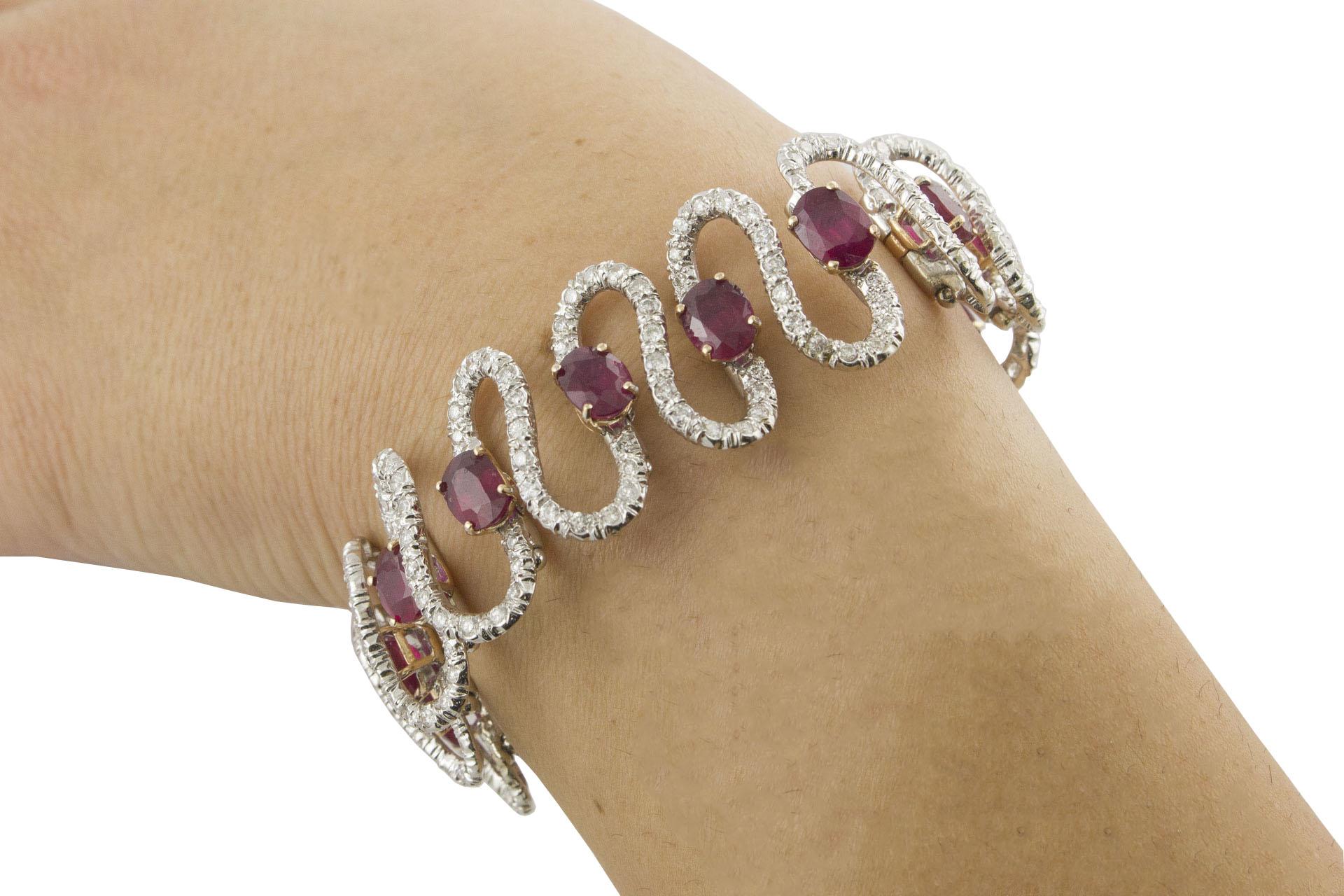 Rubies White Diamonds White and Rose Gold Waves Bracelet For Sale 2