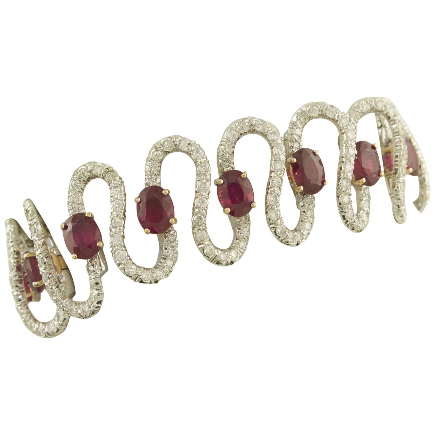 Rubies White Diamonds White and Rose Gold Waves Bracelet For Sale