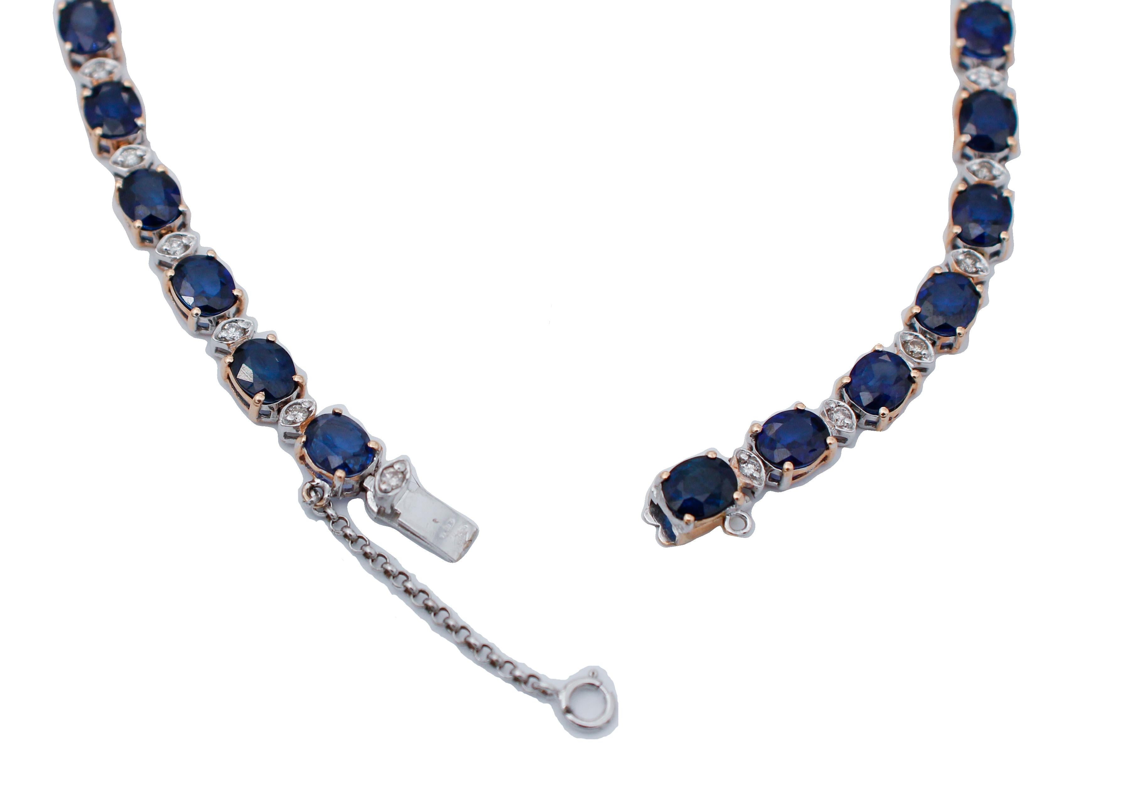 Mixed Cut Rubies, Blue Sapphires, Diamonds, 14 Karat White and Rose Necklace