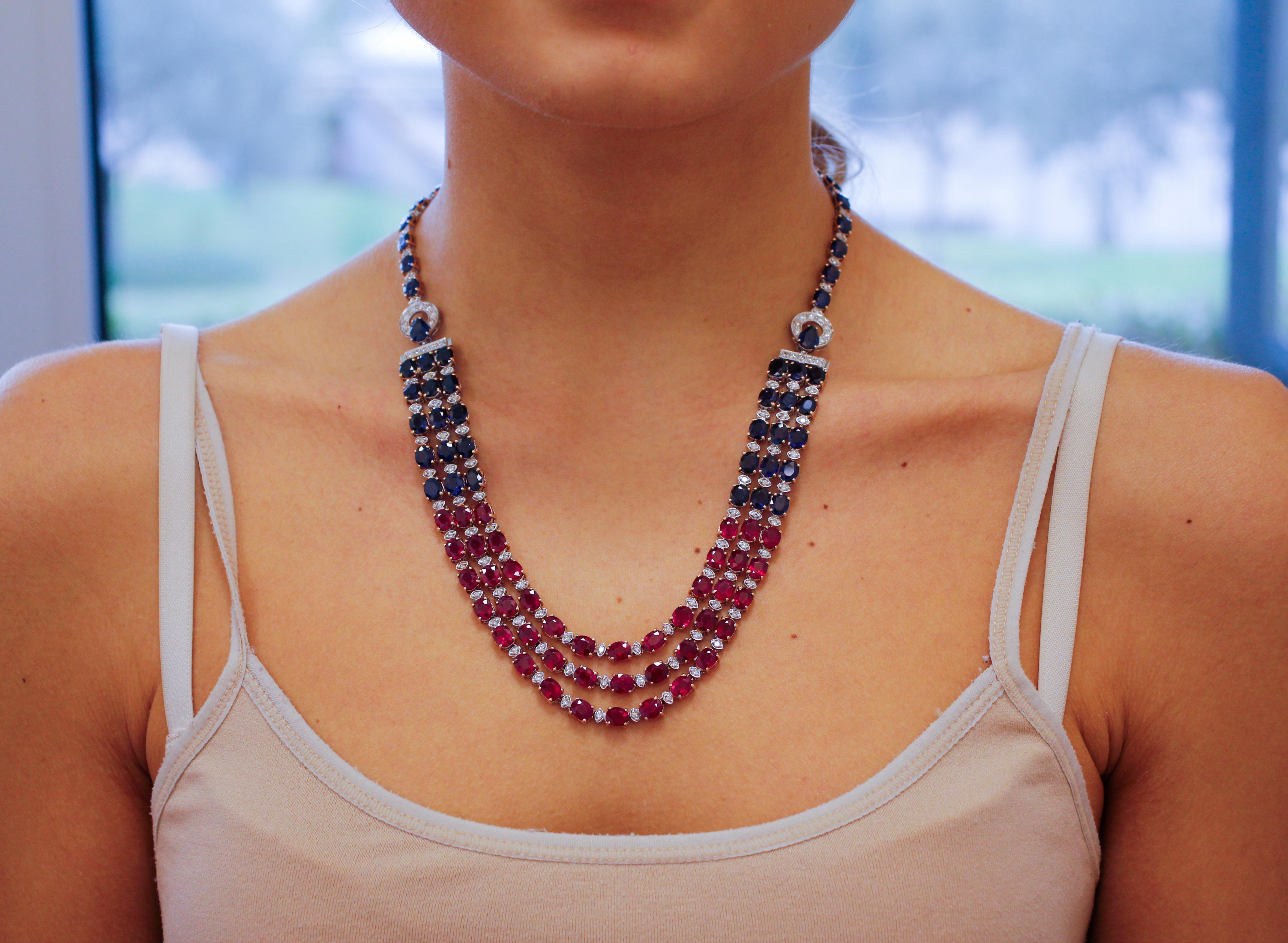 Rubies, Blue Sapphires, Diamonds, 14 Karat White and Rose Necklace In Good Condition In Marcianise, Marcianise (CE)