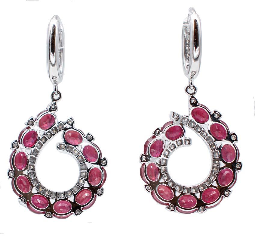 Modern Rubies, Diamonds, 18 Karat White Gold Dangle Earrings