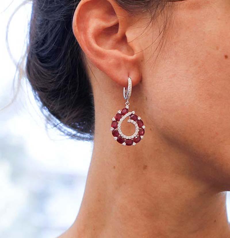 Women's Rubies, Diamonds, 18 Karat White Gold Dangle Earrings
