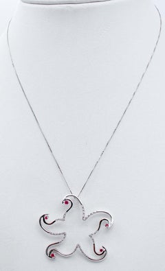 Rubies, Diamonds, 18 Karat White Gold Star Shape Pendant Necklace