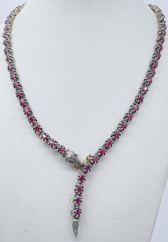 Rubies, Diamonds, Stones, Rose Gold and Silver Retro Snake Necklace