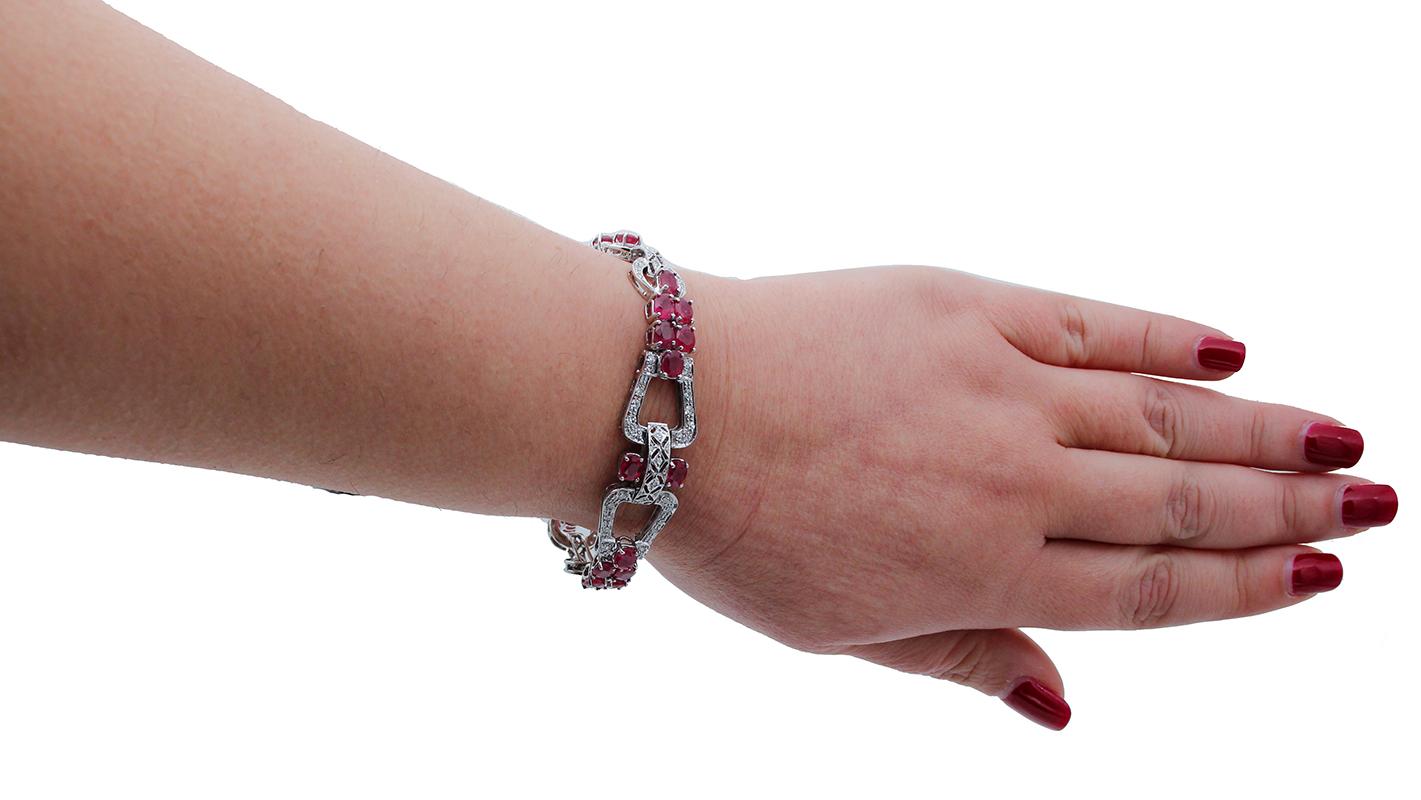 Mixed Cut Rubies, Diamonds, White Gold Link Bracelet For Sale