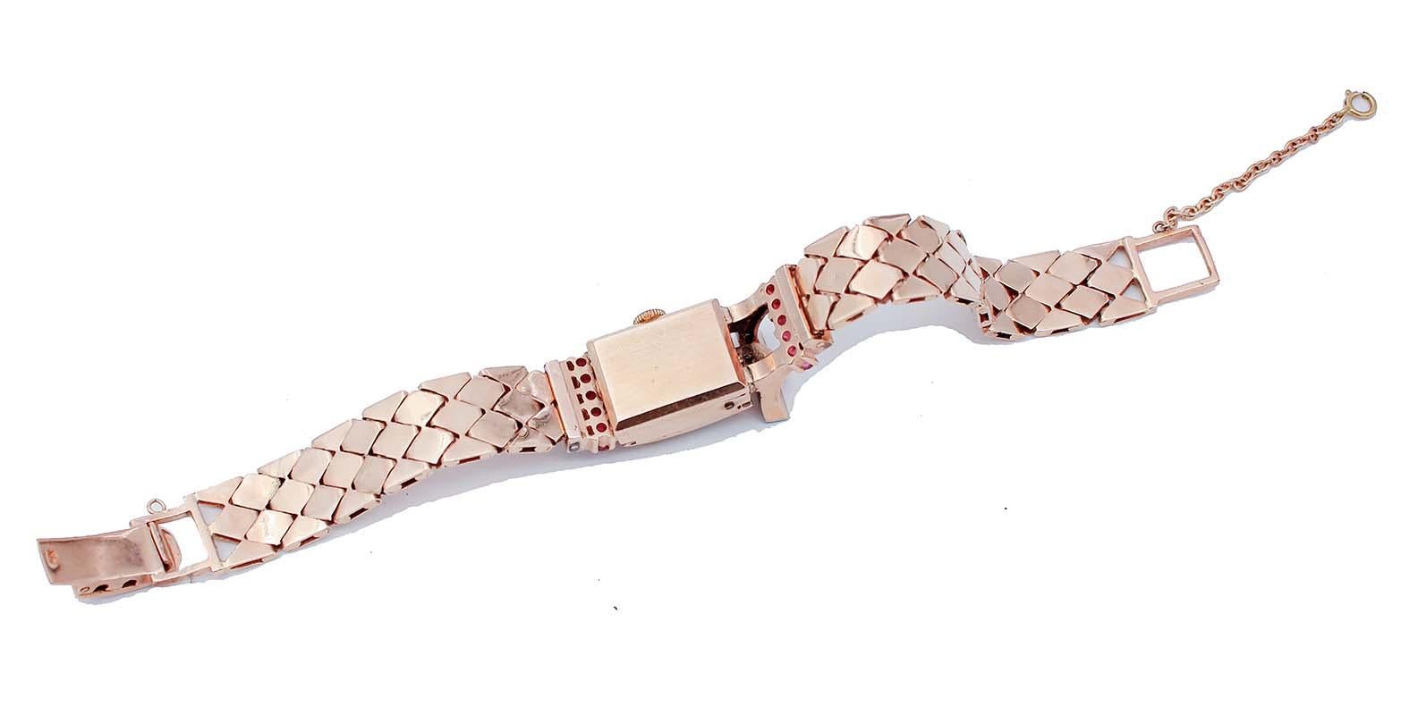 Retro Rubies, Diamonds, 14 Karat Rose and White Gold Retrò Watch/Bracelet For Sale