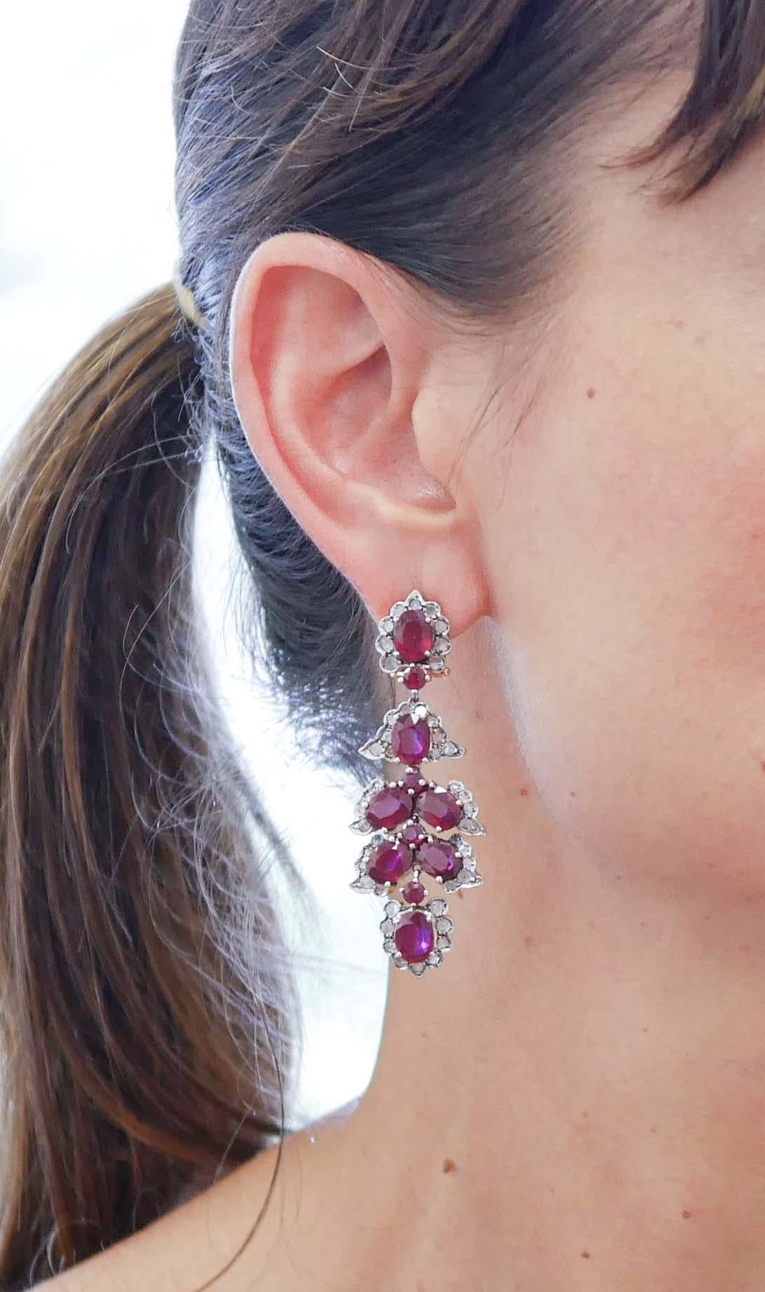 Mixed Cut Rubies, Diamonds, 14 Karat Rose Gold and Silver Earrings For Sale