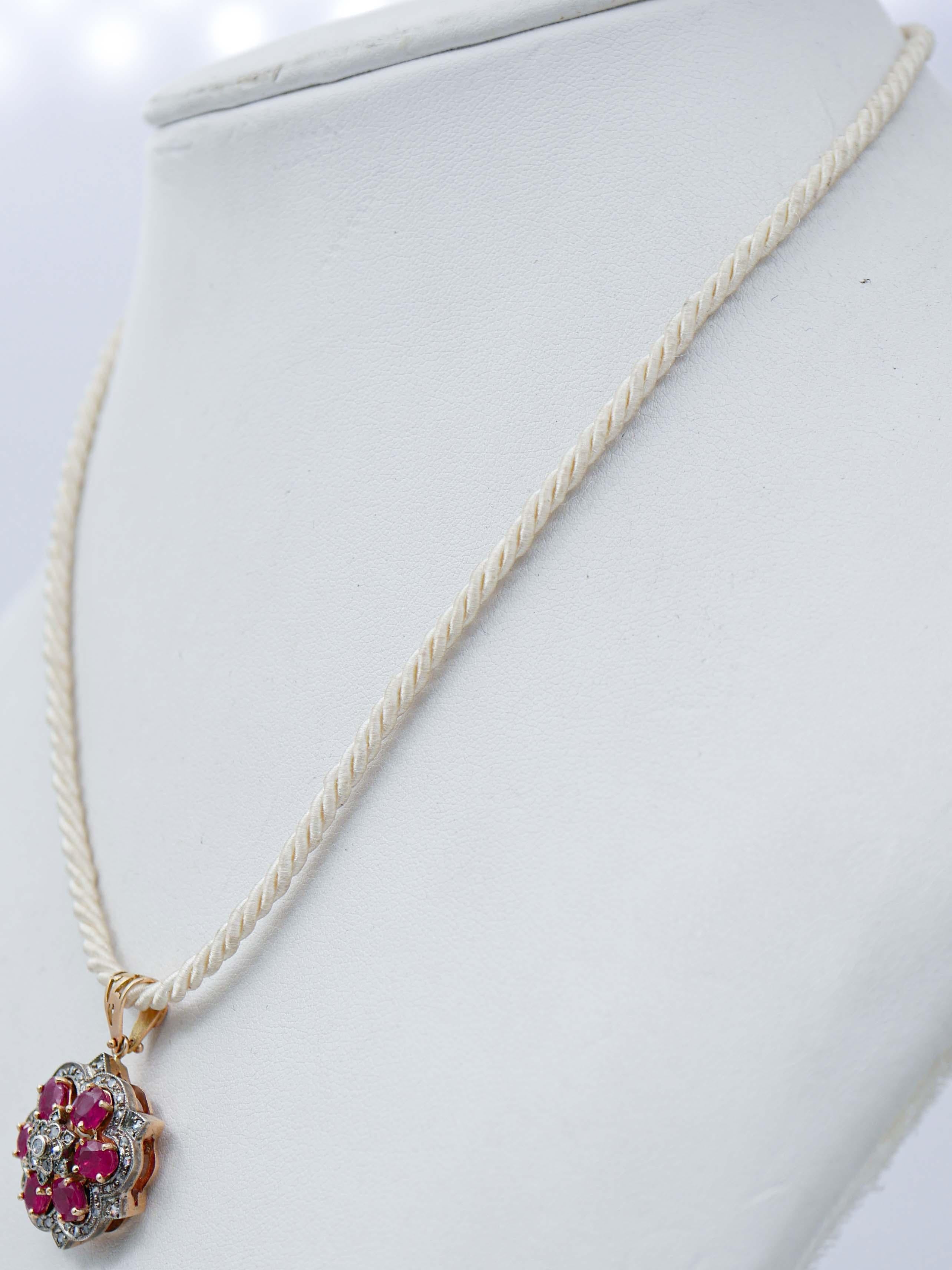 Retro Rubies, Diamonds, 14 Karat Rose Gold and Silver Pendant Necklace. For Sale