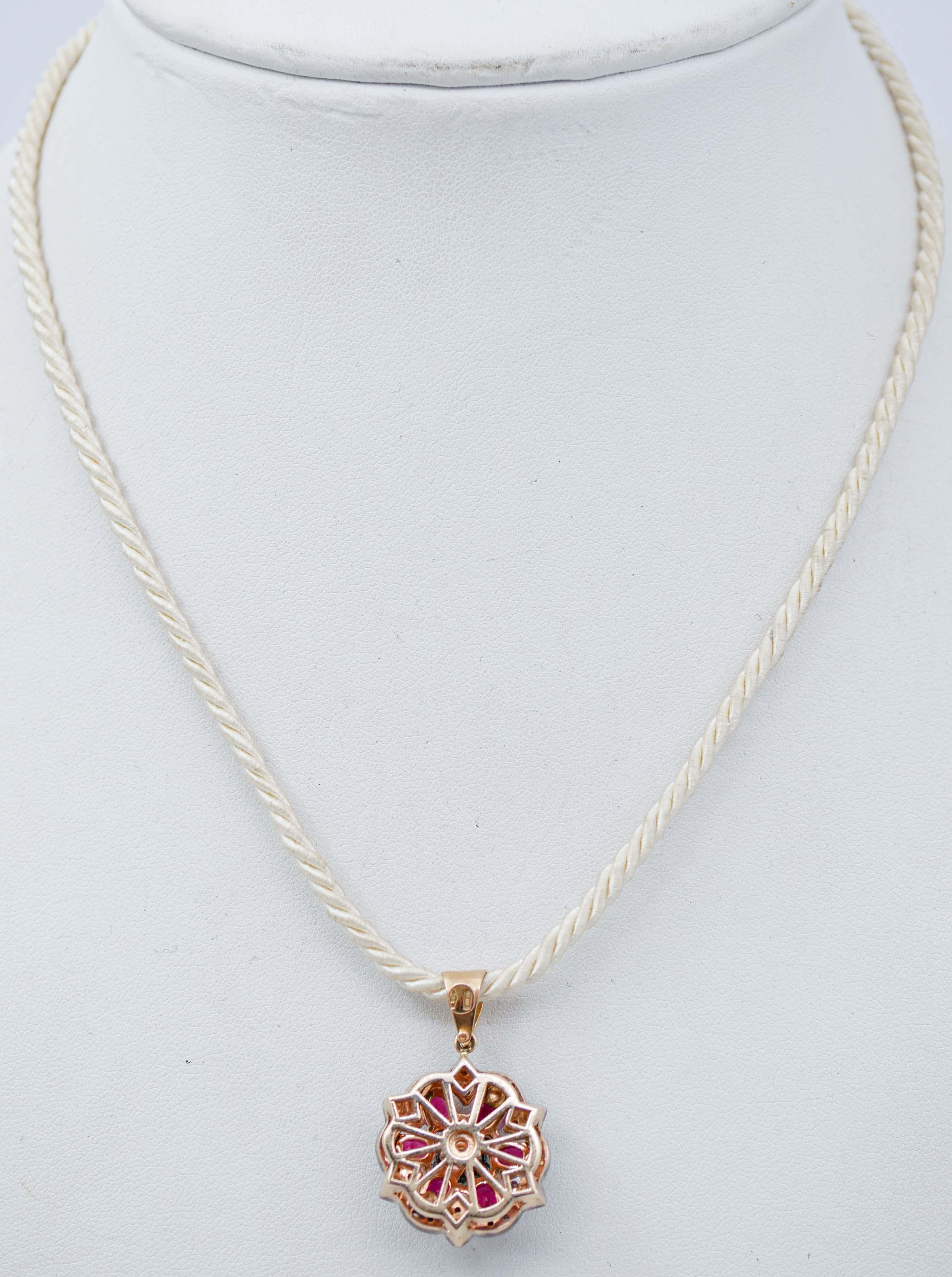 Mixed Cut Rubies, Diamonds, 14 Karat Rose Gold and Silver Pendant Necklace. For Sale
