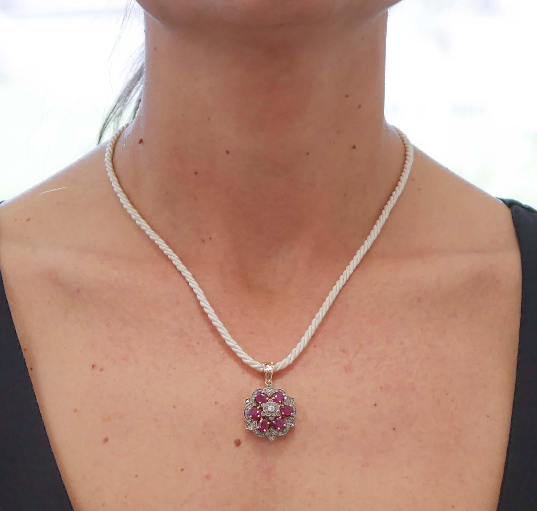 Women's Rubies, Diamonds, 14 Karat Rose Gold and Silver Pendant Necklace. For Sale