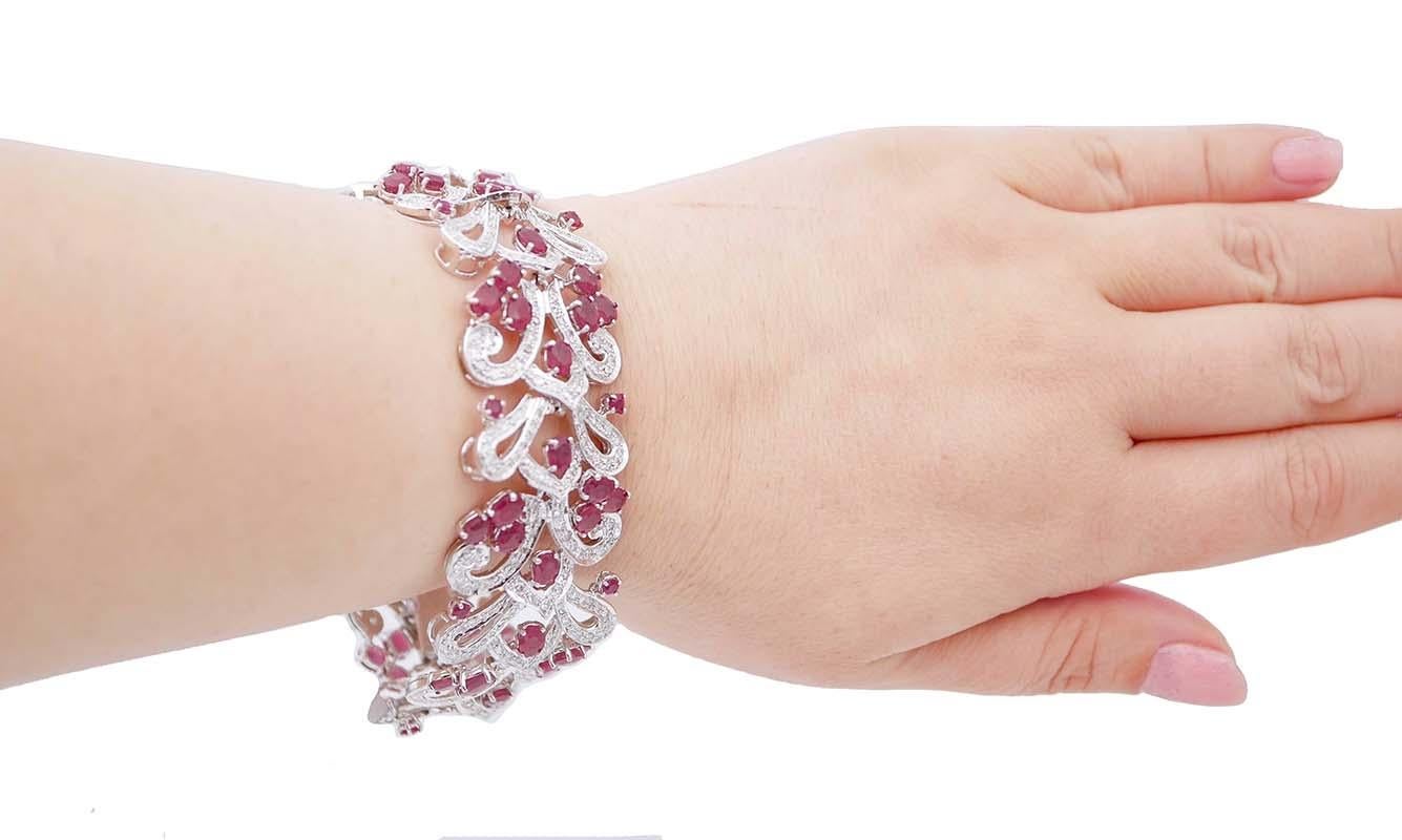 Mixed Cut Rubies, Diamonds, 14 Kt White Gold Bracelet For Sale