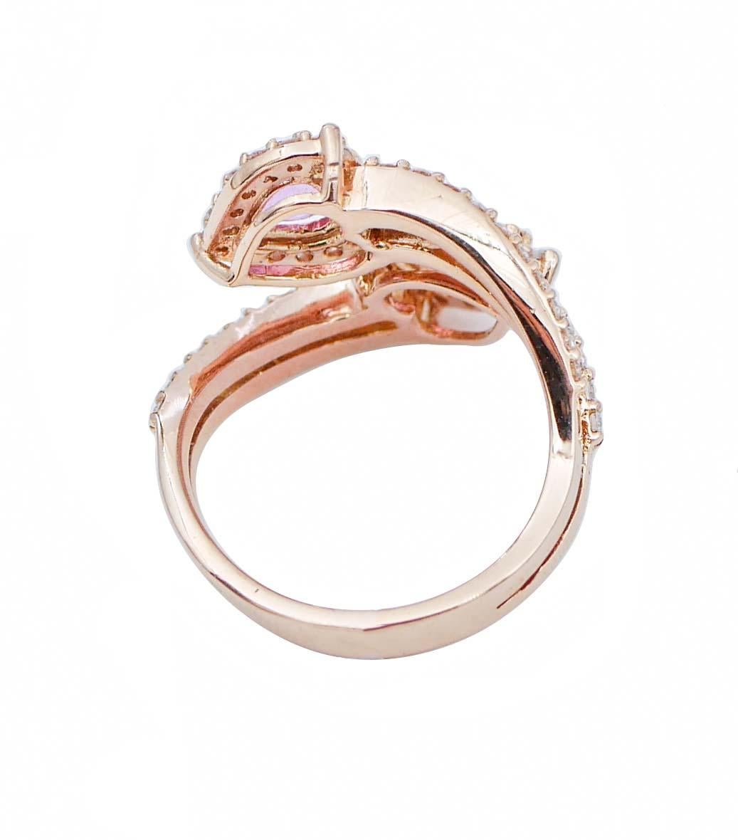 Heart Cut Rubies, Diamonds, 18 Karat Rose Gold Modern Ring.
