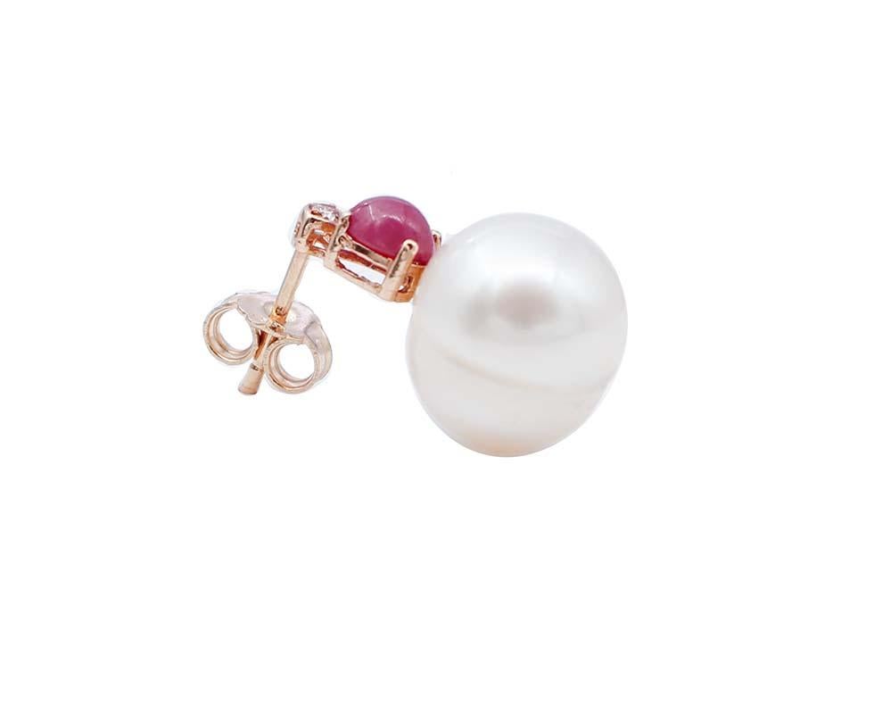 Mixed Cut Rubies, Diamonds, Baroque Pearl, 14 Karat Rose Gold Stud Earrings