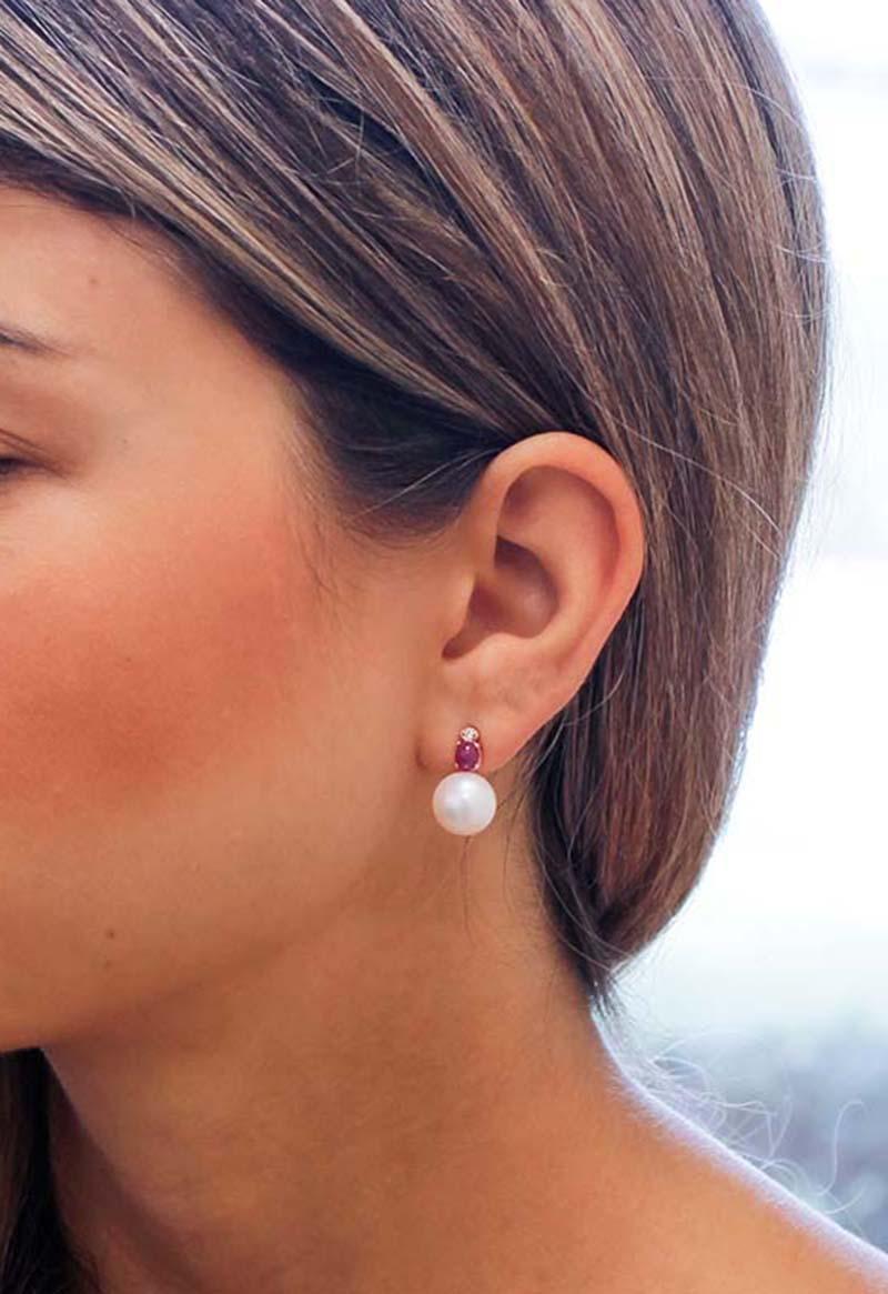 Women's Rubies, Diamonds, Baroque Pearl, 14 Karat Rose Gold Stud Earrings