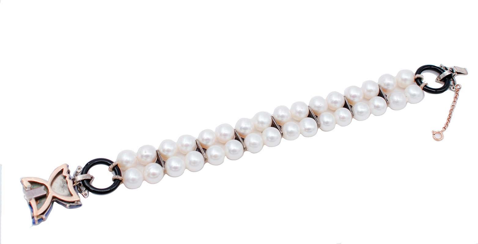 Retro Rubies, Diamonds, Lapis, Pearls, Onyx, 9 Kt Rose Gold and Silver Beaded Bracelet For Sale