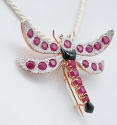 Rubies, Diamonds, Onyx, Rose Gold and Silver Dragonfly Brooch