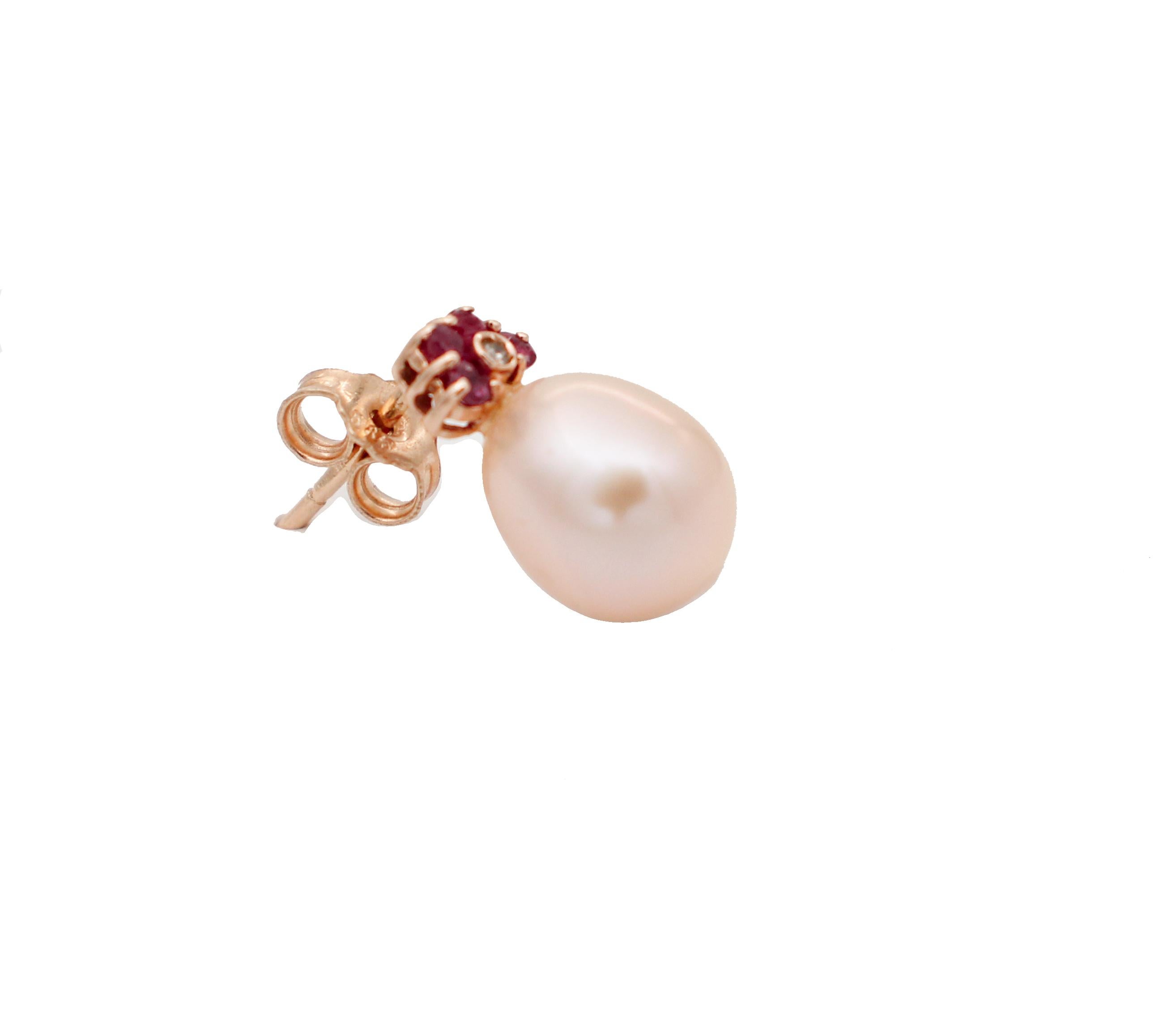 Retro Rubies, Diamonds, Pearls, 14 Karat Rose Gold Drop Earrings
