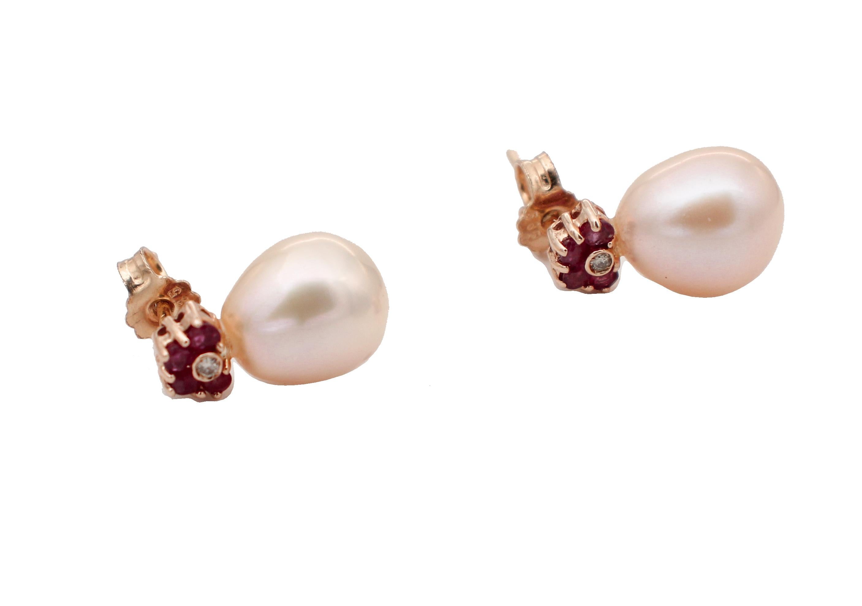 Mixed Cut Rubies, Diamonds, Pearls, 14 Karat Rose Gold Drop Earrings