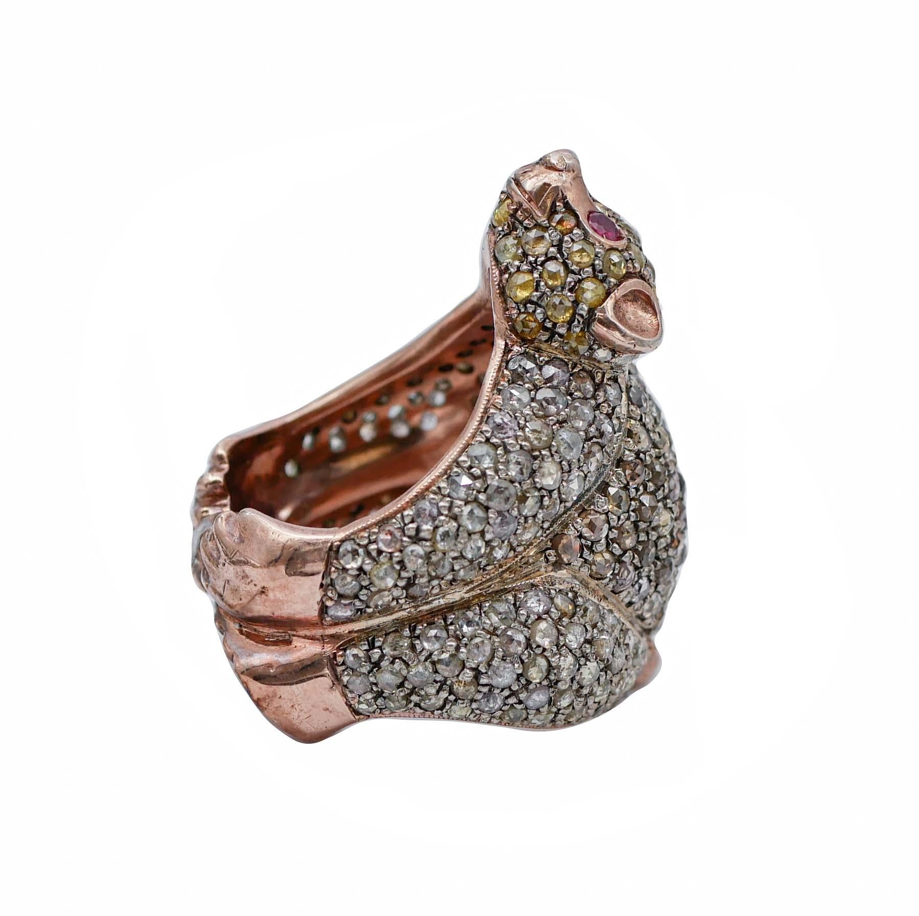 Retro Rubies, Diamonds, Rose Gold and Silver Bear Ring For Sale
