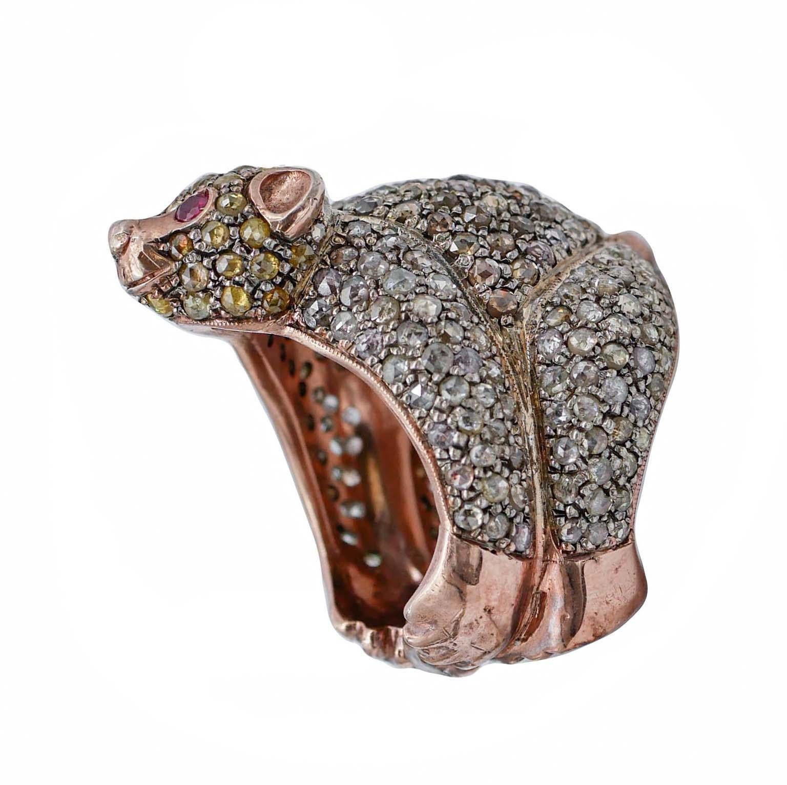 Mixed Cut Rubies, Diamonds, Rose Gold and Silver Bear Ring For Sale