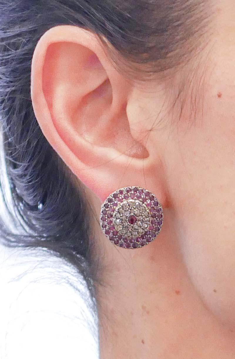 Rubies, Diamonds, Rose Gold and Silver Earrings In Good Condition In Marcianise, Marcianise (CE)