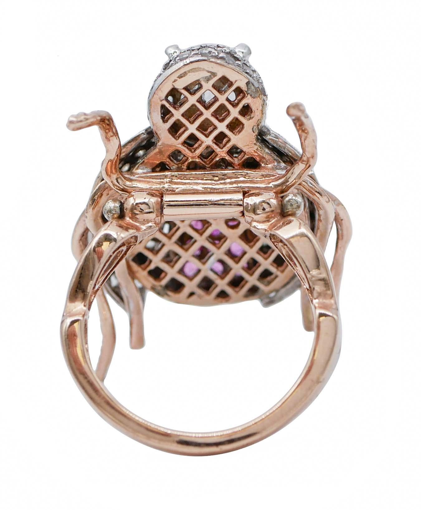 Retro Rubies, Diamonds, Rose Gold and Silver Ladybug Shape Ring