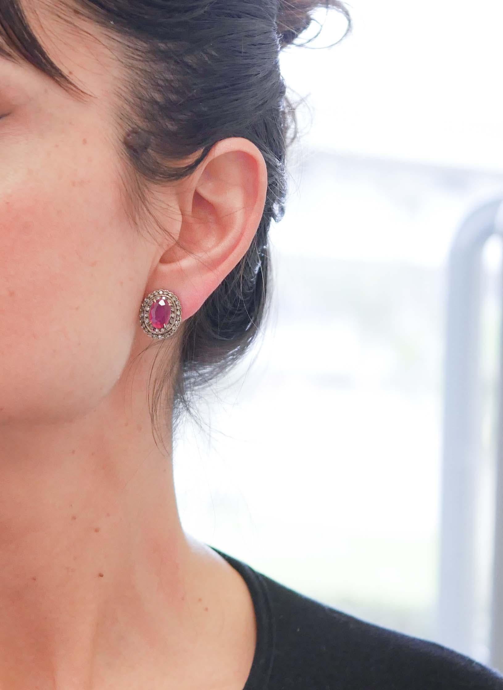Mixed Cut Rubies, Diamonds, Rose Gold and Silver Retrò Earrings For Sale