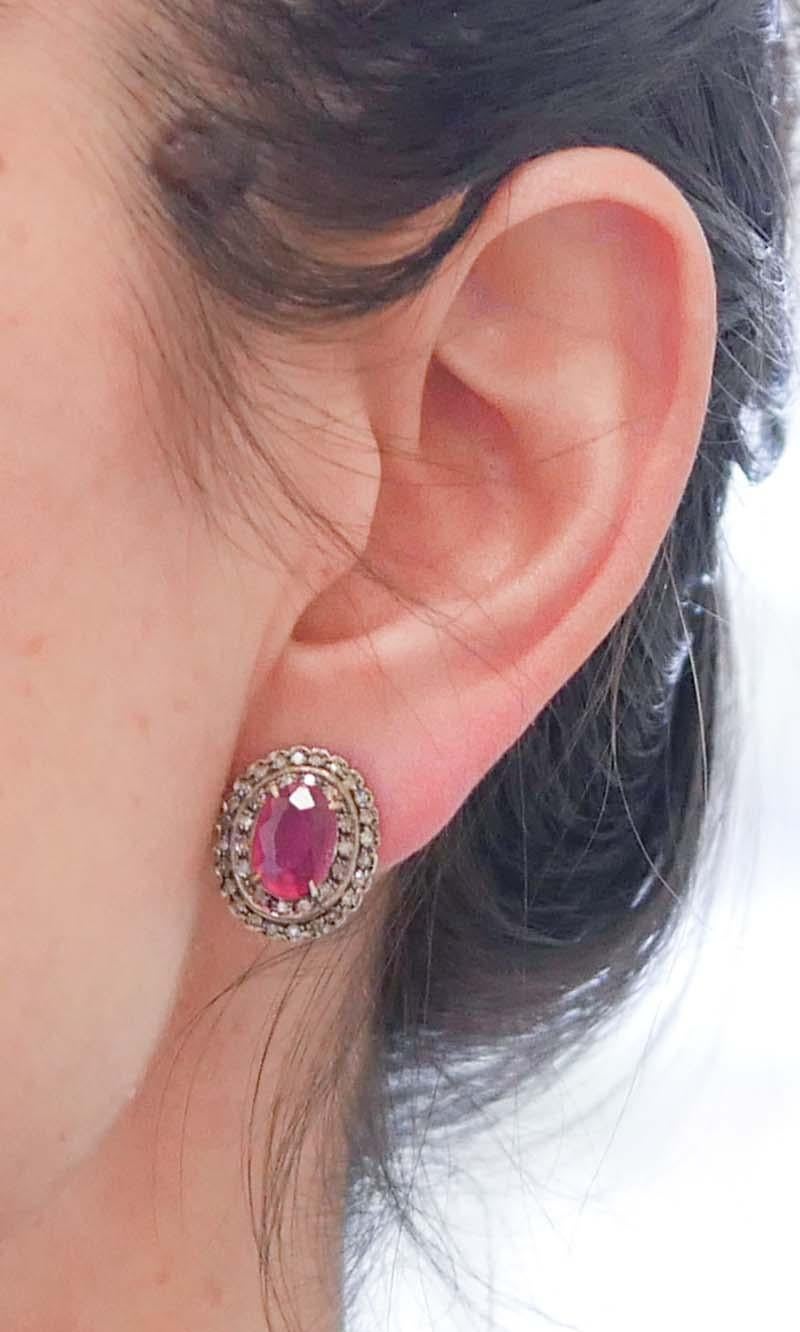 Rubies, Diamonds, Rose Gold and Silver Retrò Earrings In Good Condition For Sale In Marcianise, Marcianise (CE)