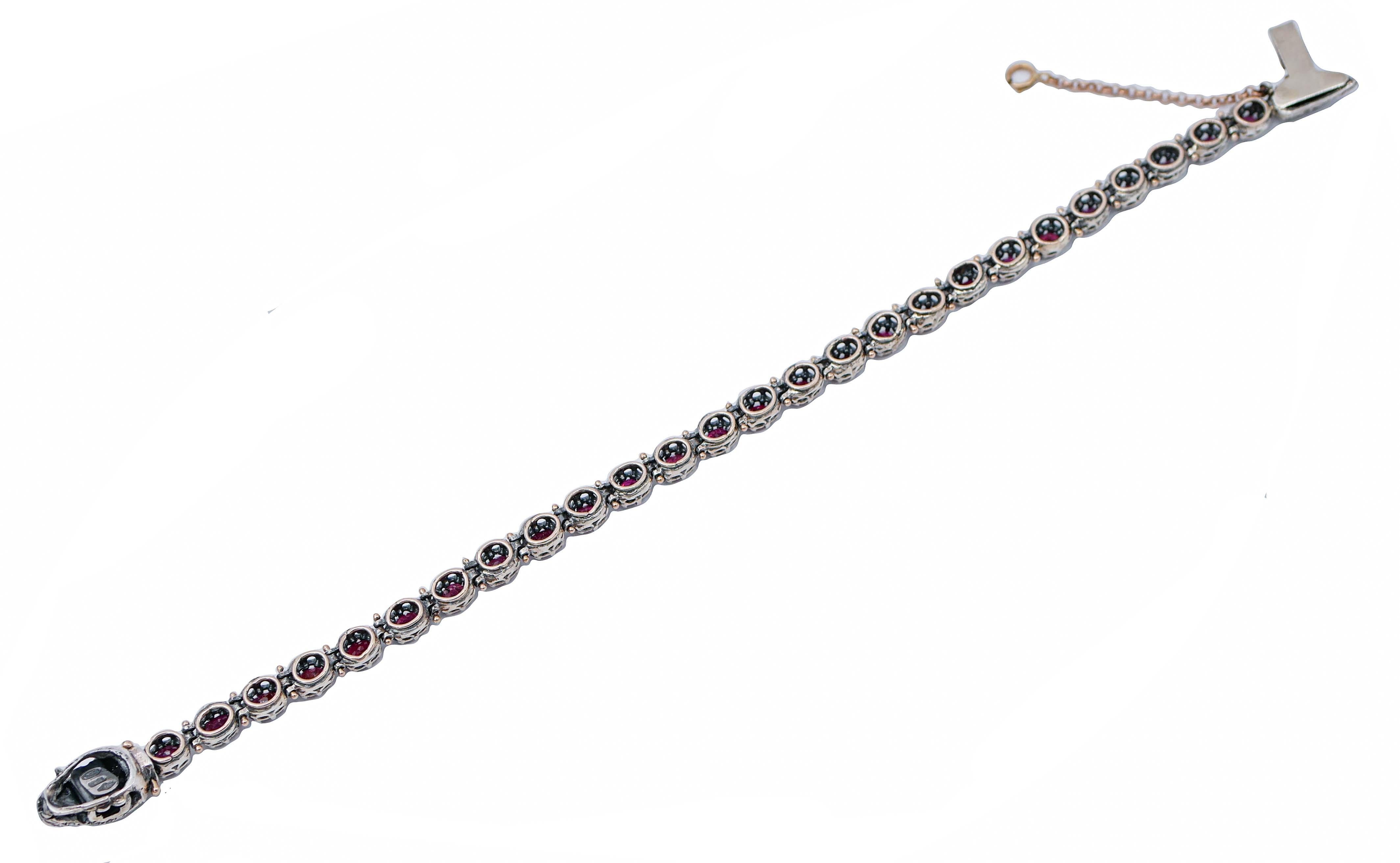 Retro Rubies, Diamonds, Rose Gold and Silver Snake Bracelet For Sale