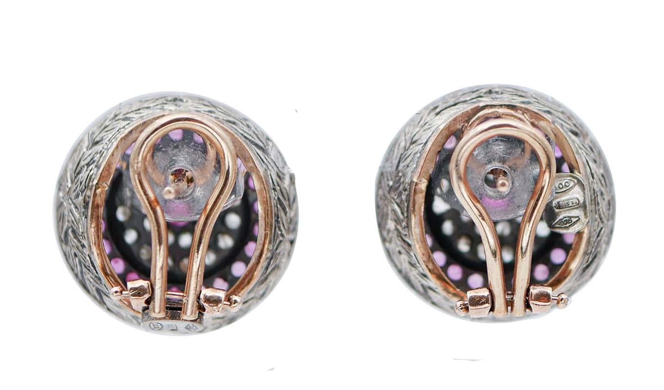 Retro Rubies, Diamonds, Rose Gold and Silver Stud Earrings For Sale