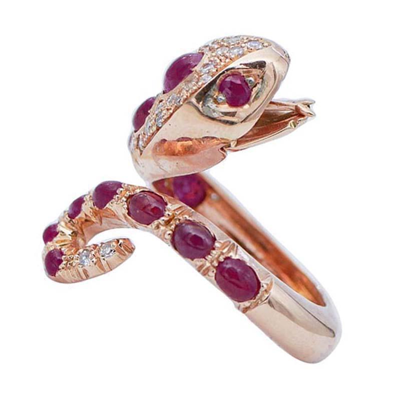 SHIPPING POLICY: 
No additional costs will be added to this order.
Shipping costs will be totally covered by the seller (customs duties included).

Beautiful snake shape ring in 9 karat rose gold structure mounted with rubies on all the body and