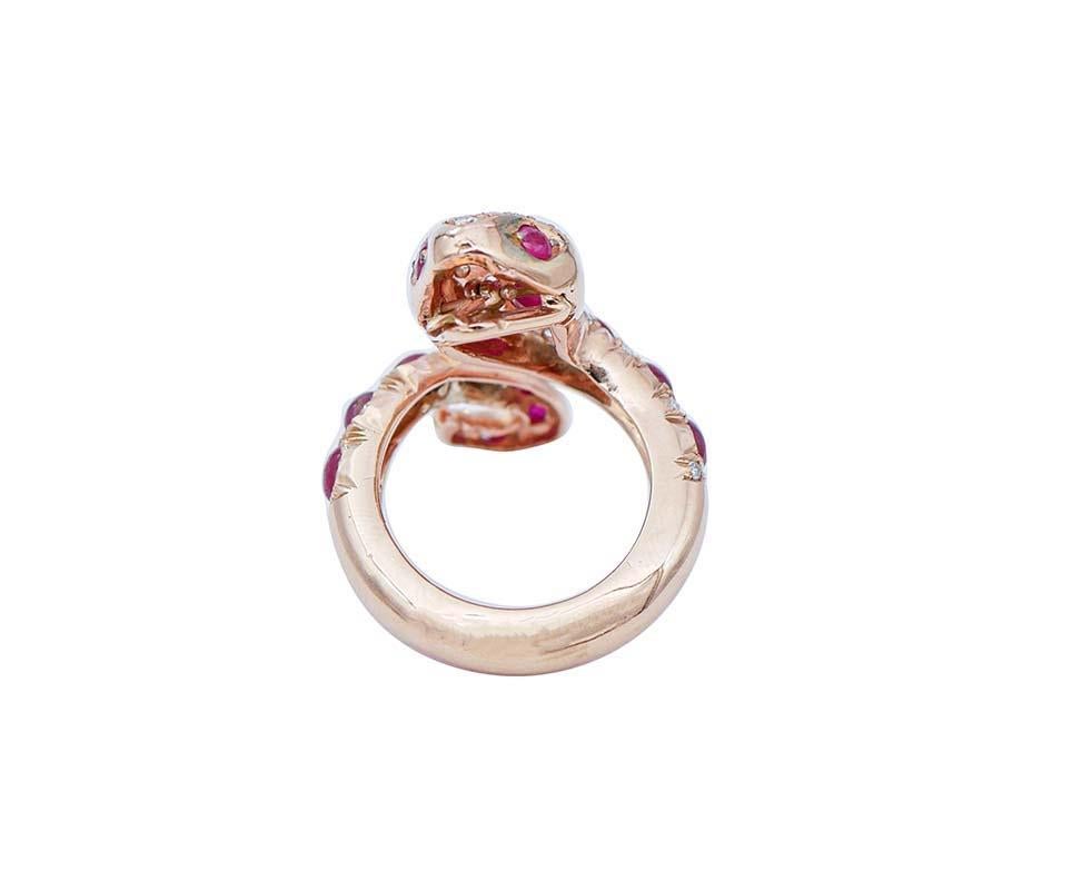 Mixed Cut Rubies, Diamonds, Rose Gold Snake Shape Ring