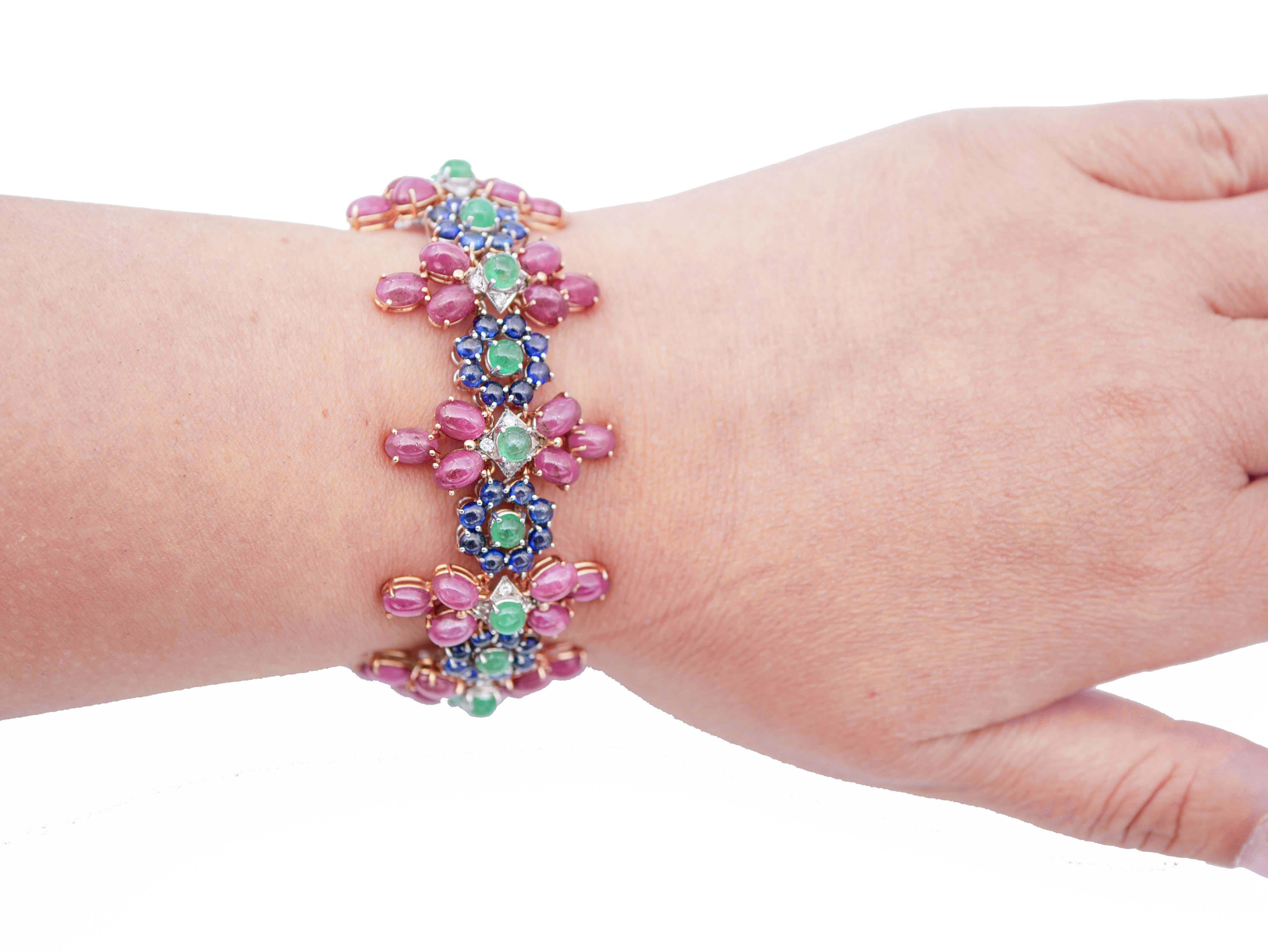 Mixed Cut Rubies, Emeralds, Sapphires, 14 Karat White and Rose Gold Bracelet For Sale
