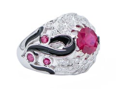 Rubies, Enamel, Diamonds, 18 Karat White Gold Ring