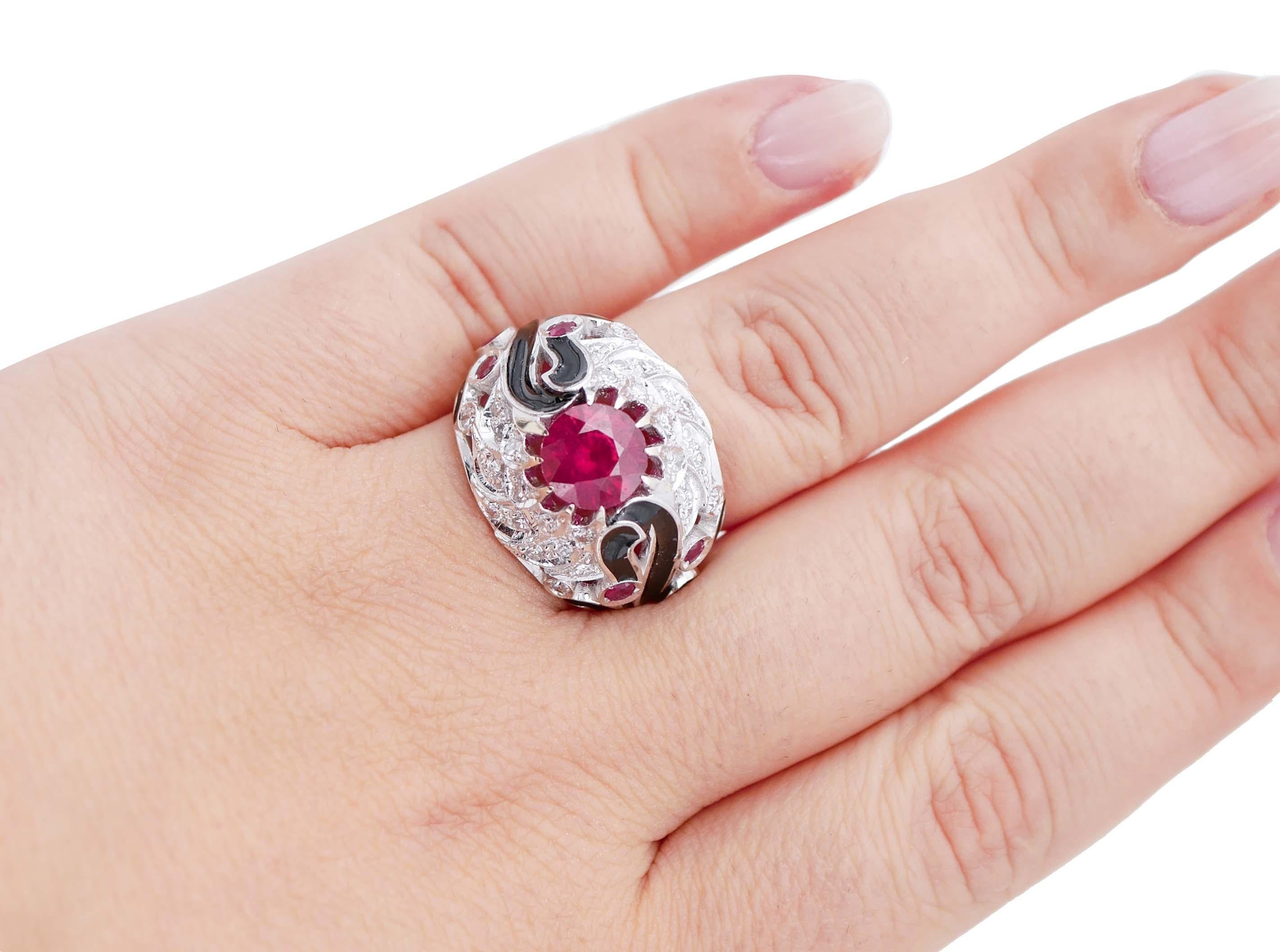 Rubies, Enamel, Diamonds, 18 Karat White Gold Ring In Good Condition For Sale In Marcianise, Marcianise (CE)