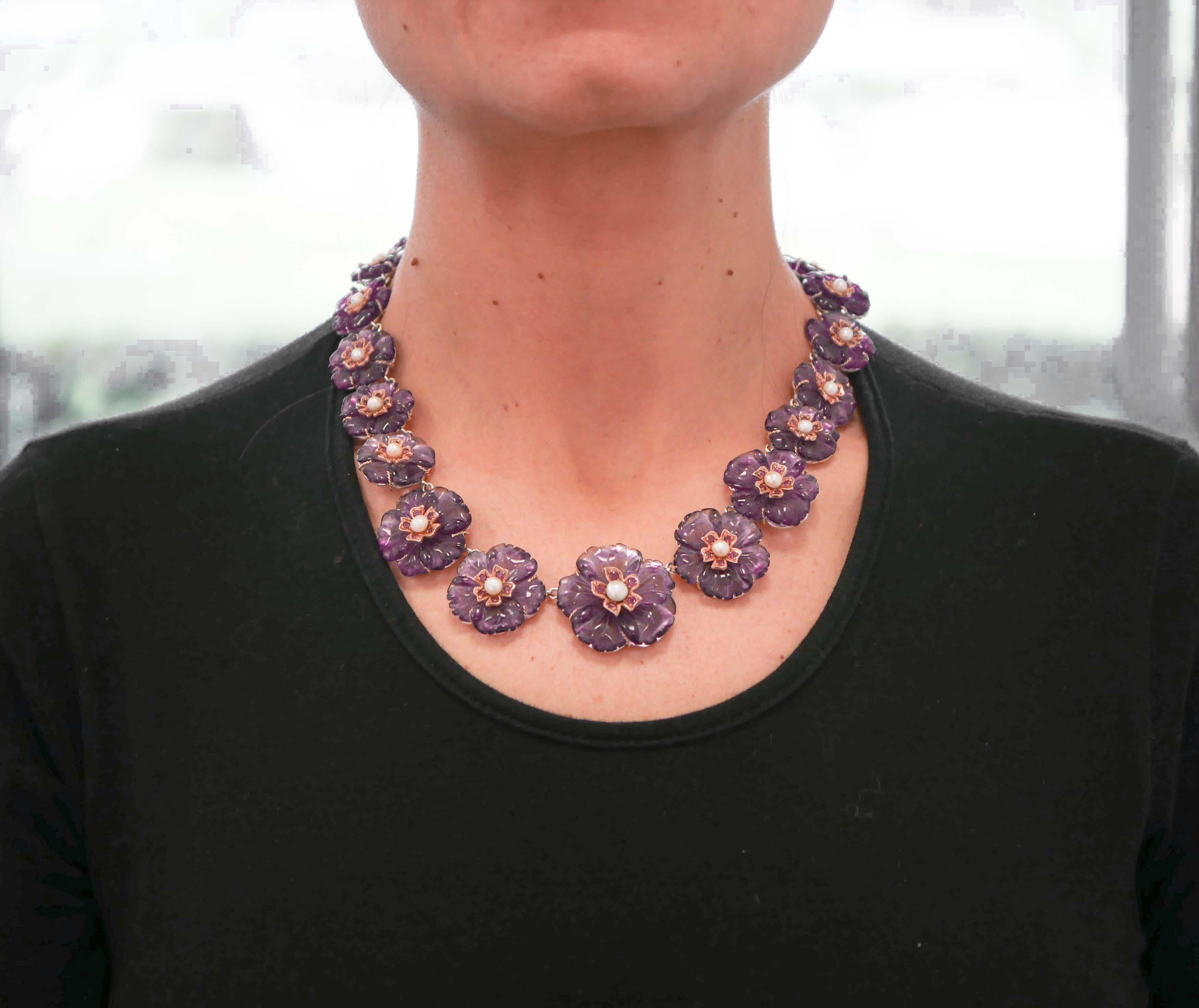 Mixed Cut Rubies, Hydrothermal Amethysts, Pearls, Rose Gold and Silver Necklace For Sale