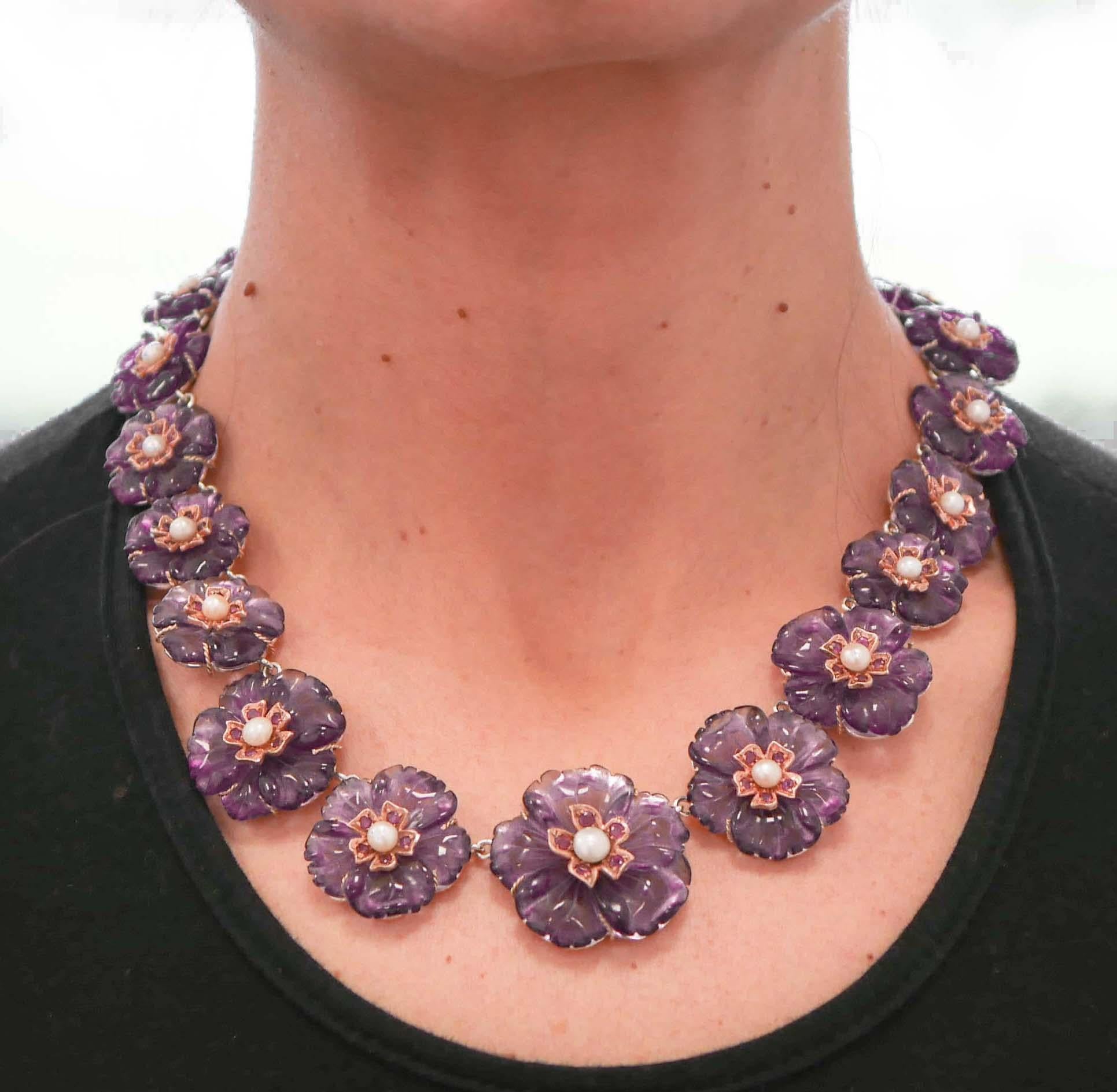 Rubies, Hydrothermal Amethysts, Pearls, Rose Gold and Silver Necklace In New Condition For Sale In Marcianise, Marcianise (CE)