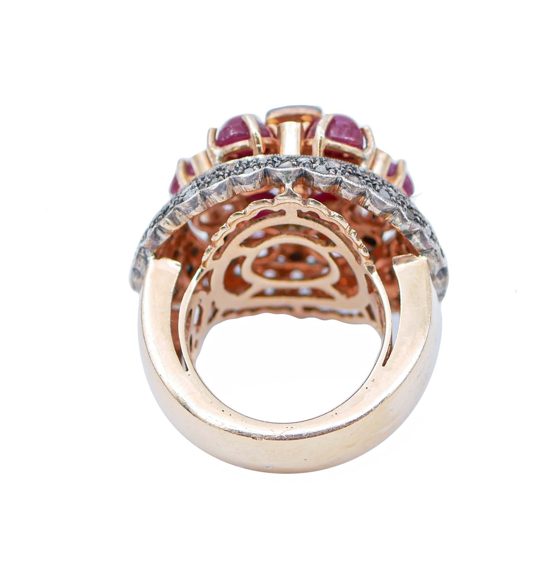 Retro Rubies, Sapphires, Diamonds, 14 Karat Rose Gold and Silver Ring. For Sale
