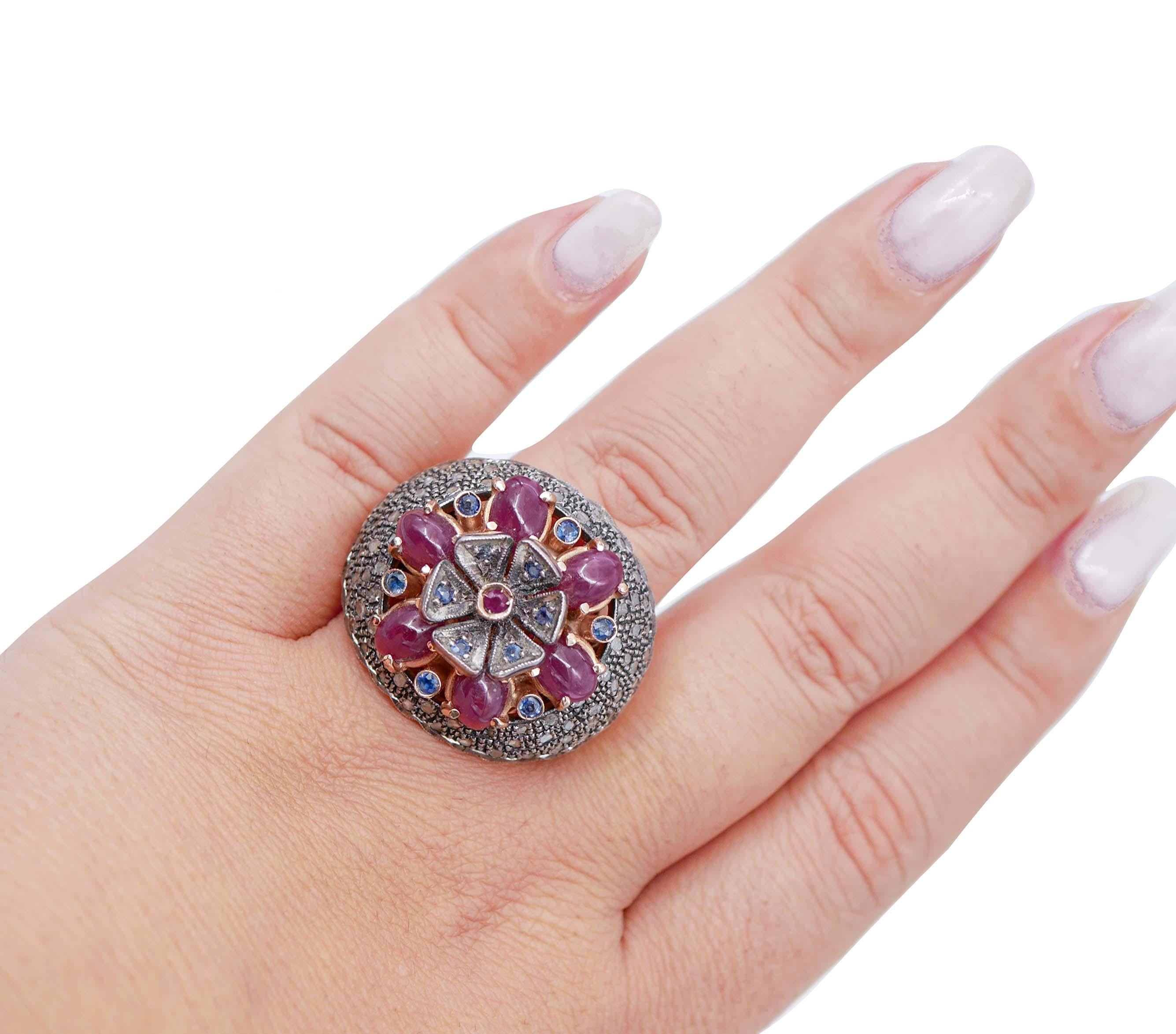 Rubies, Sapphires, Diamonds, 14 Karat Rose Gold and Silver Ring. In Good Condition For Sale In Marcianise, Marcianise (CE)