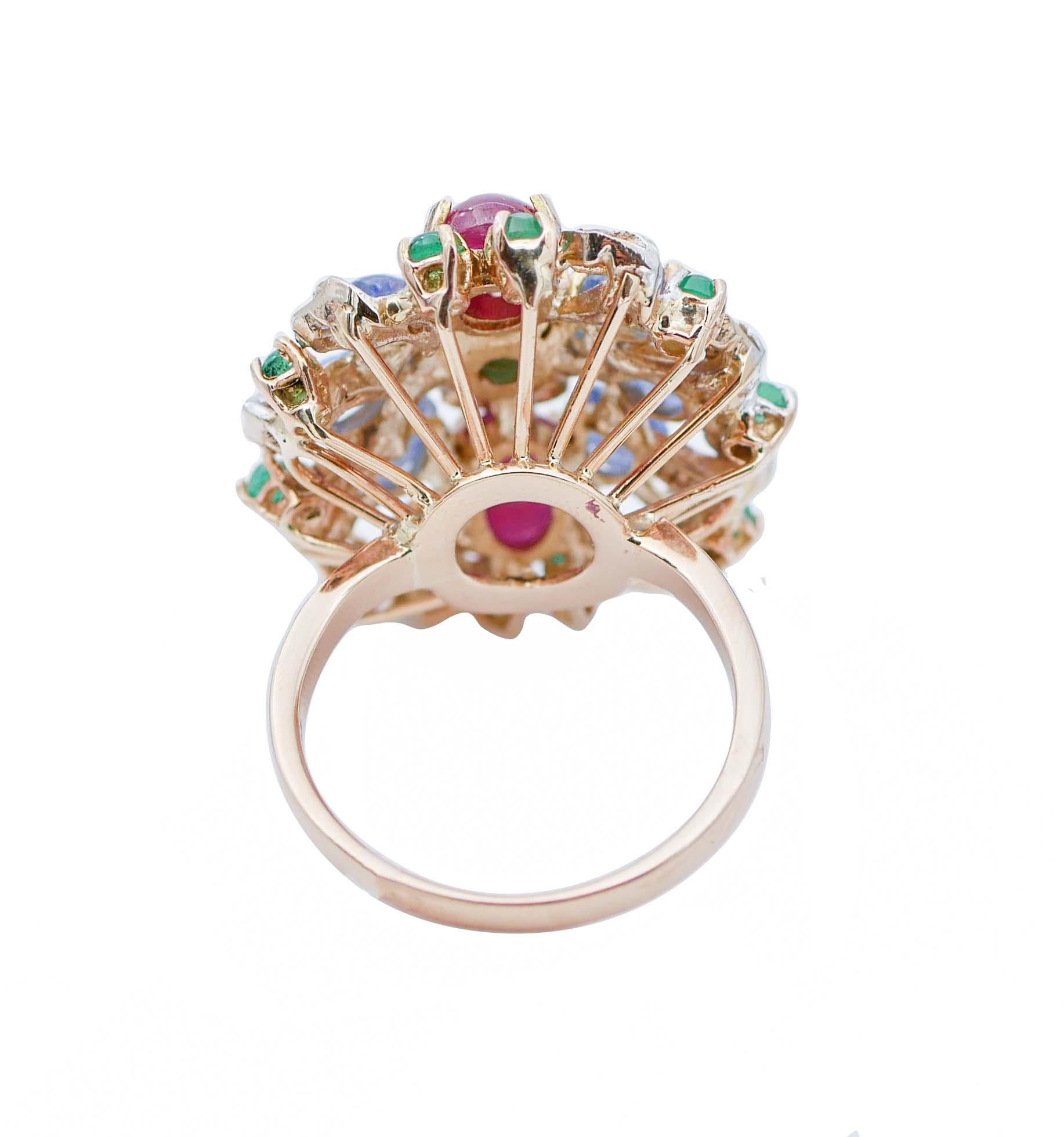 Ring aus 14 Karat Roségold mit Rubinen, Saphiren, Smaragden, Diamanten und Diamanten (Retro) im Angebot