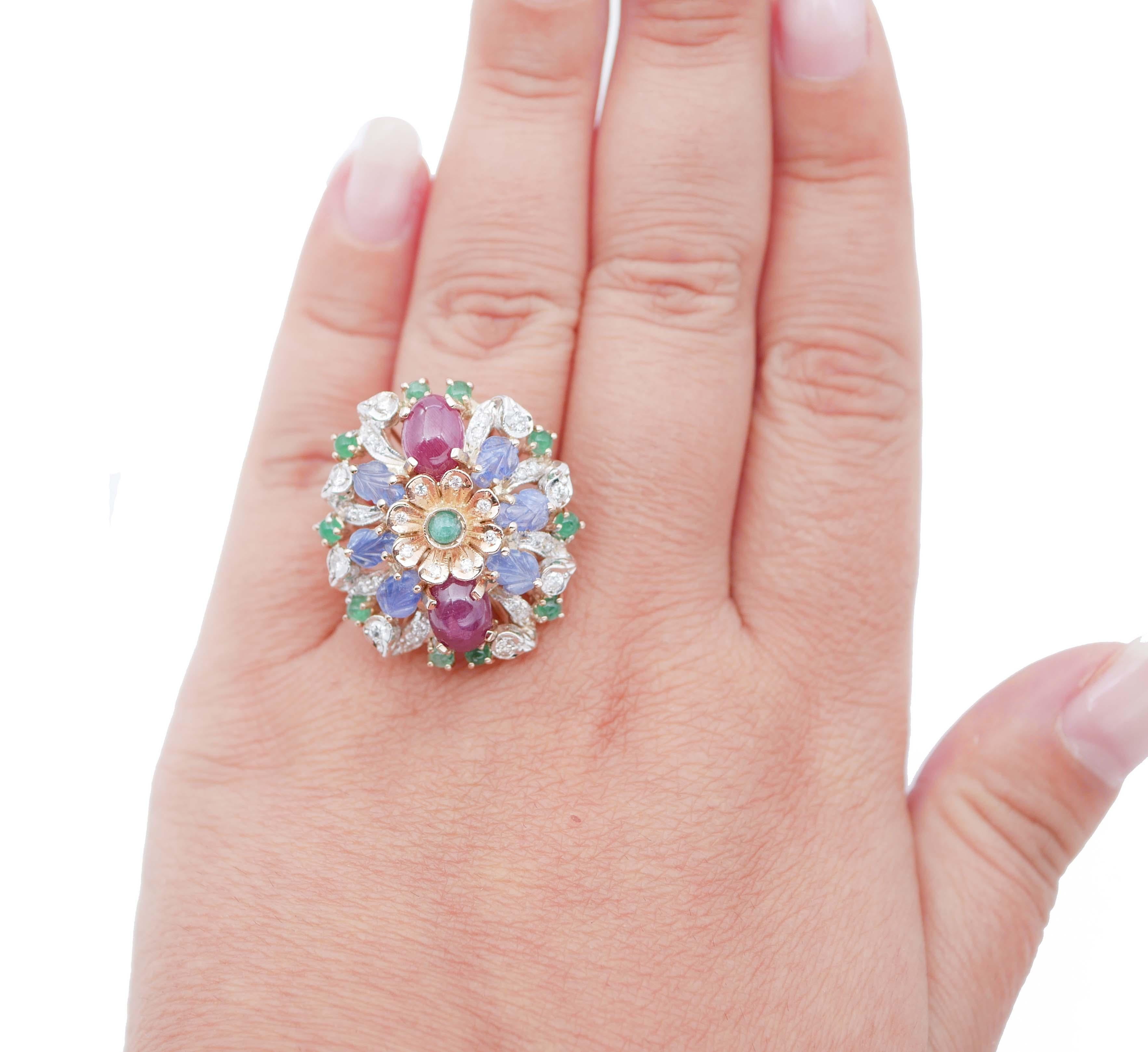 Retro Rubies, Sapphires, Emeralds, Diamonds, 14 Karat Rose and White Gold Ring For Sale