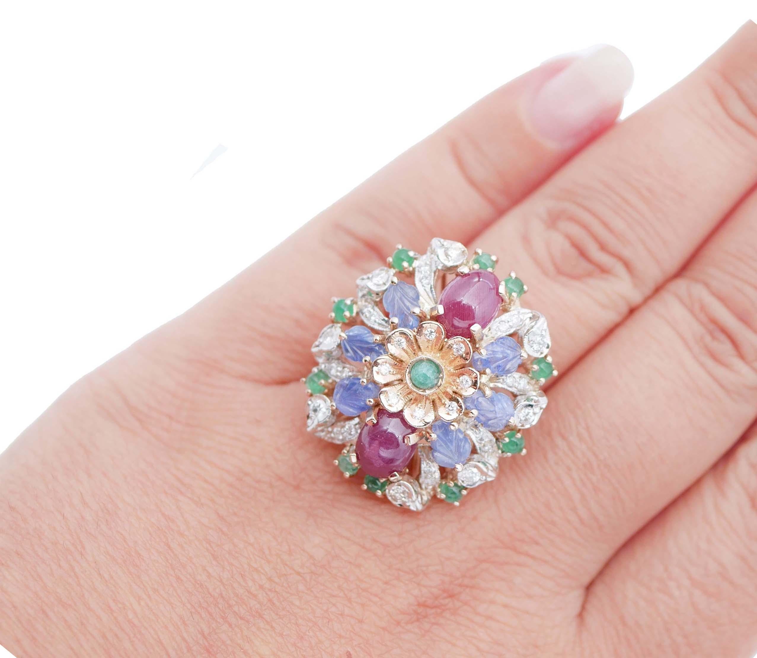 Mixed Cut Rubies, Sapphires, Emeralds, Diamonds, 14 Karat Rose and White Gold Ring For Sale