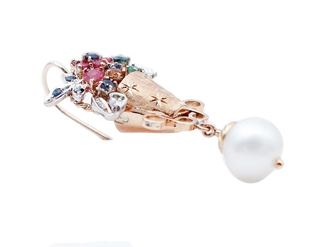 Mixed Cut Rubies, Sapphires, Emeralds, Diamonds, Pearls, 14 Karat  Gold Dangle Earrings For Sale