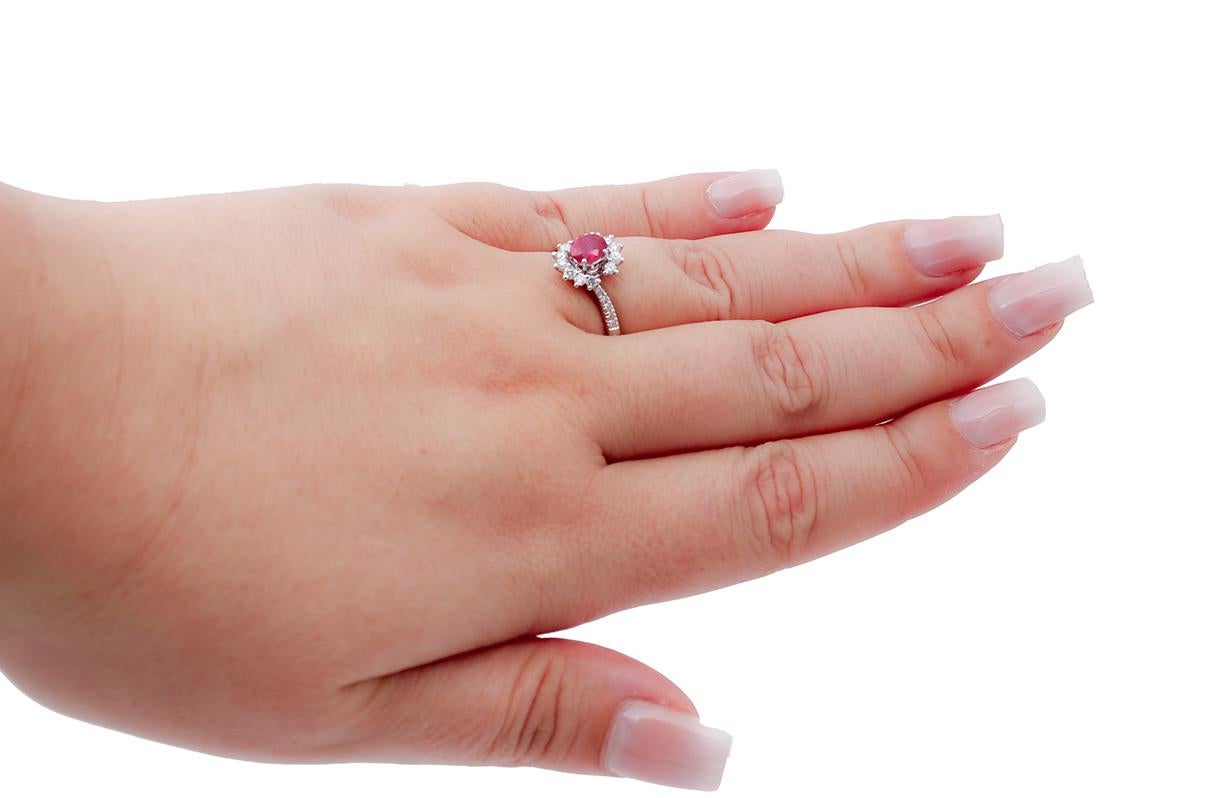 Modern Rubies, White Diamonds, 18 Karat White Gold Engagement Ring For Sale