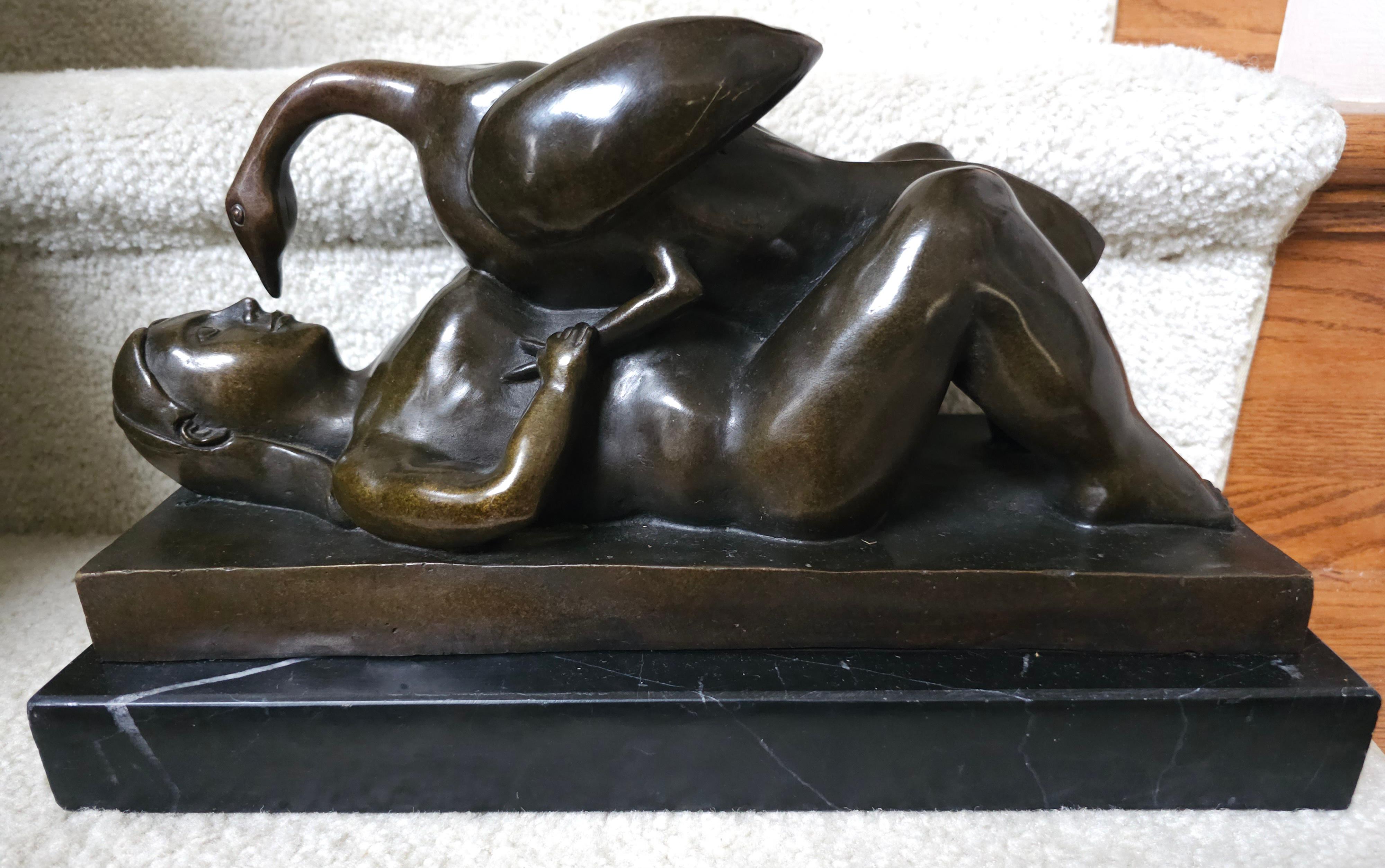 Metalwork Rubin, French B. 1841 Leda And The Swan, Bronze Sculpture On Marble Plinth For Sale